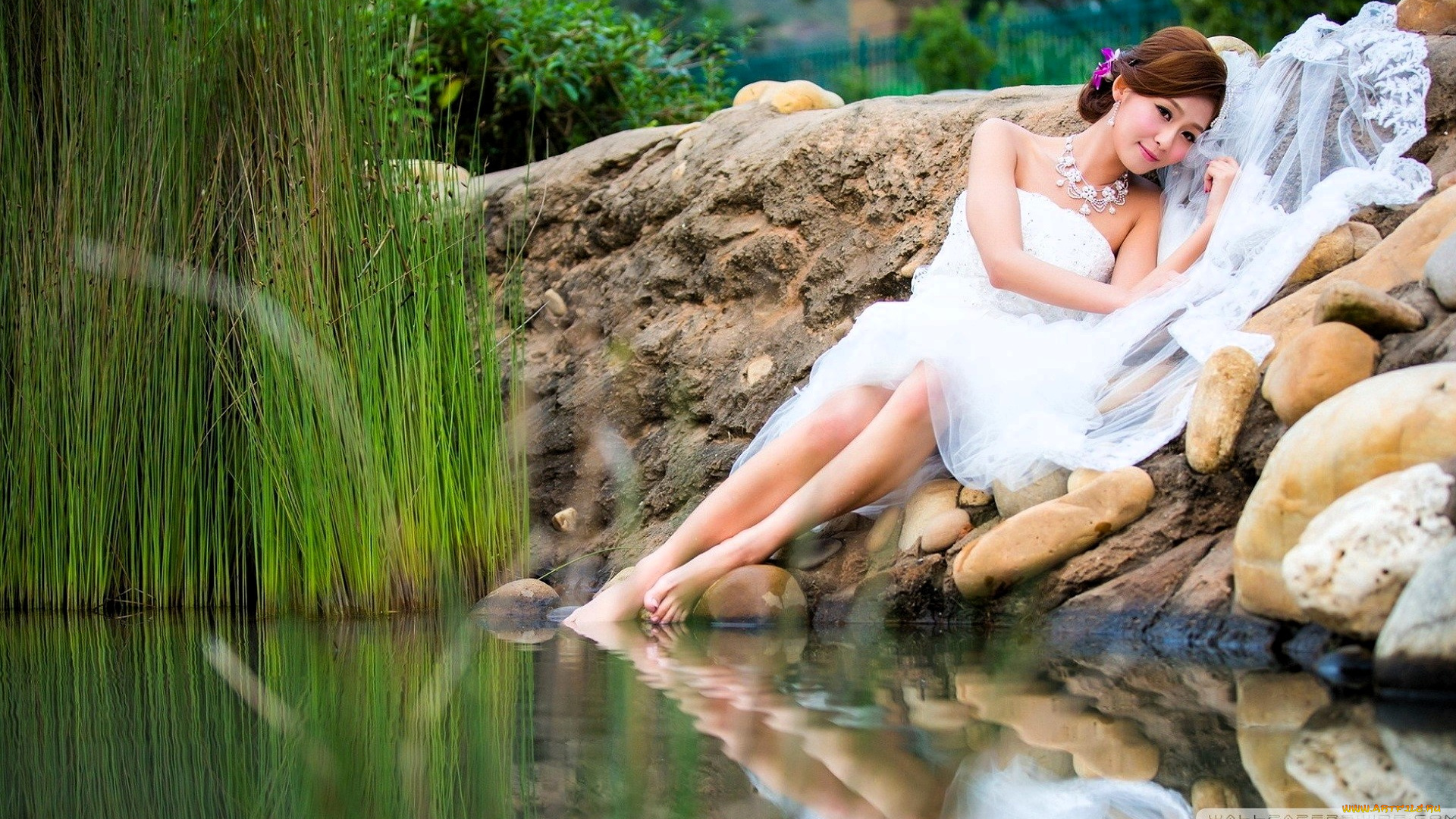 девушки, -, азиатки, шатенка, ожерелье, платье, камни, камыши, озеро