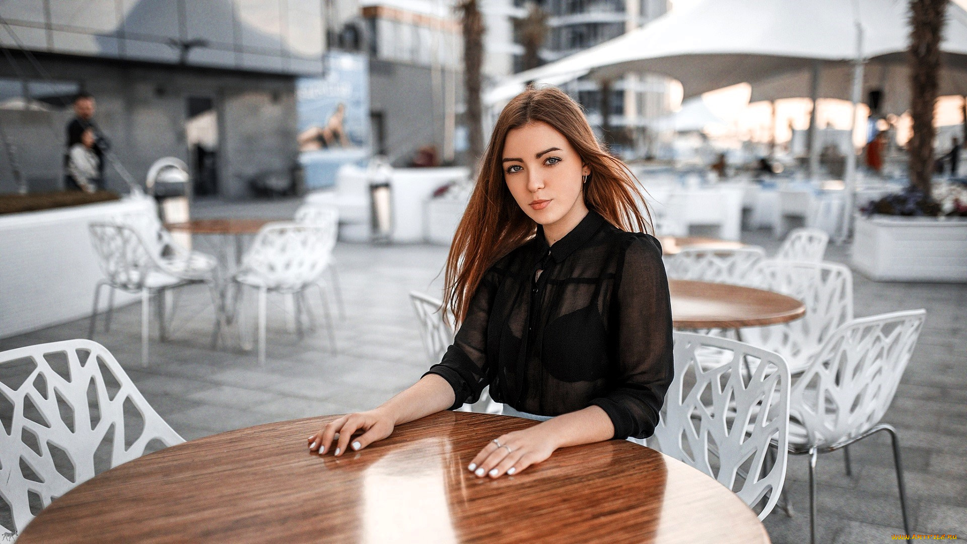 девушки, -, рыжеволосые, и, разноцветные, рыжая, блузка, кафе, стол, стулья