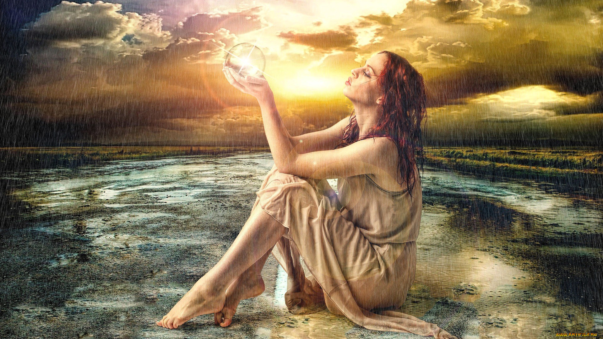 девушки, -, рыжеволосые, и, разноцветные, рыжая, платье, шар, дождь, облака, вода