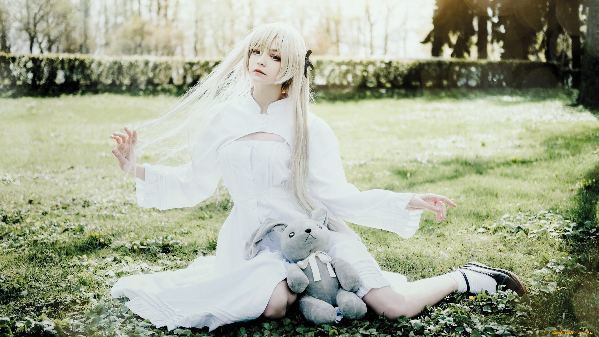 девушки, tenletters, образ, костюм, косплей, наряд, лужайка, мишка