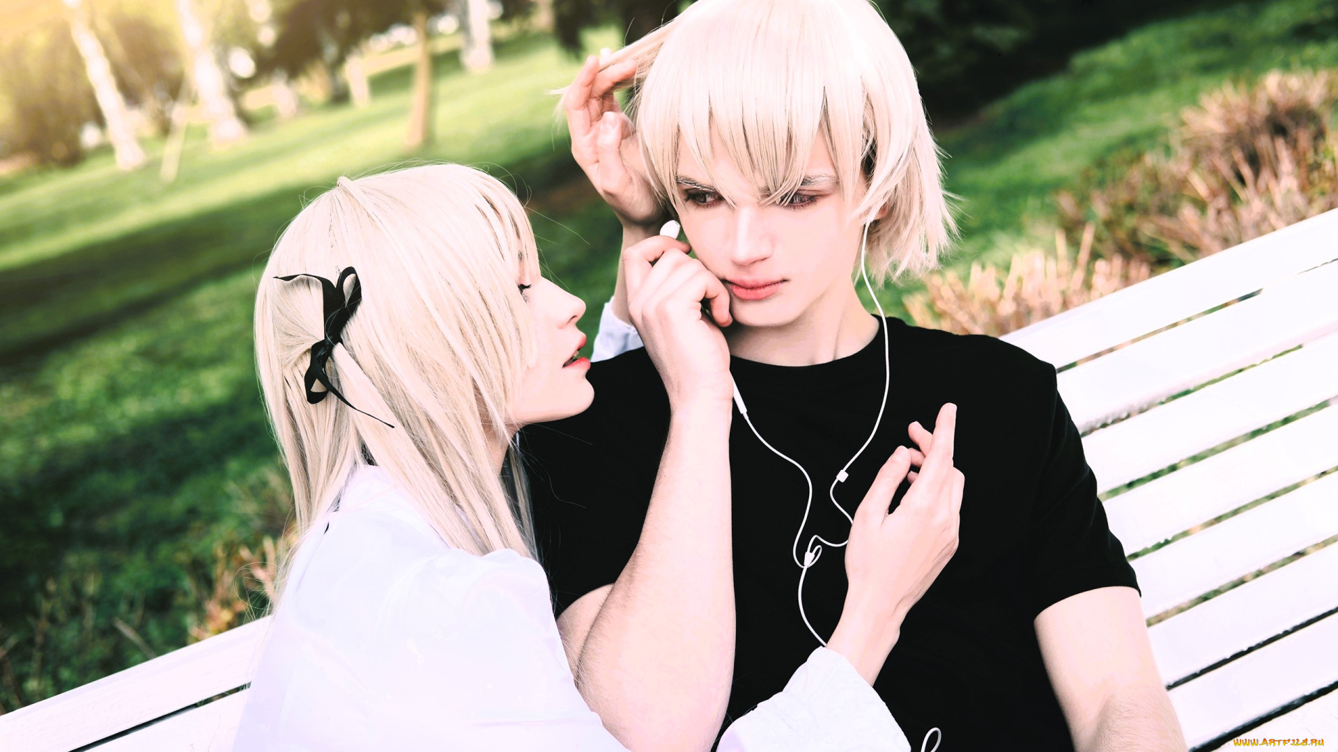 девушки, tenletters, образы, косплей, пара, наушники, скамейка