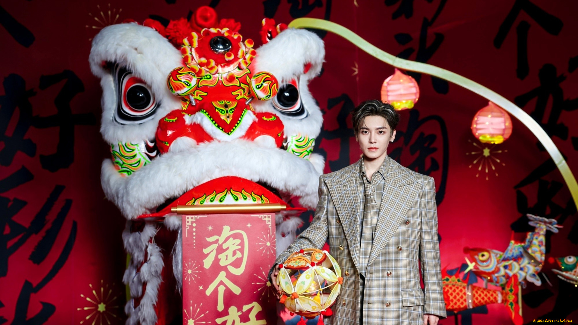 мужчины, hou, ming, hao, актер, пальто, шар, дракон, фонарики
