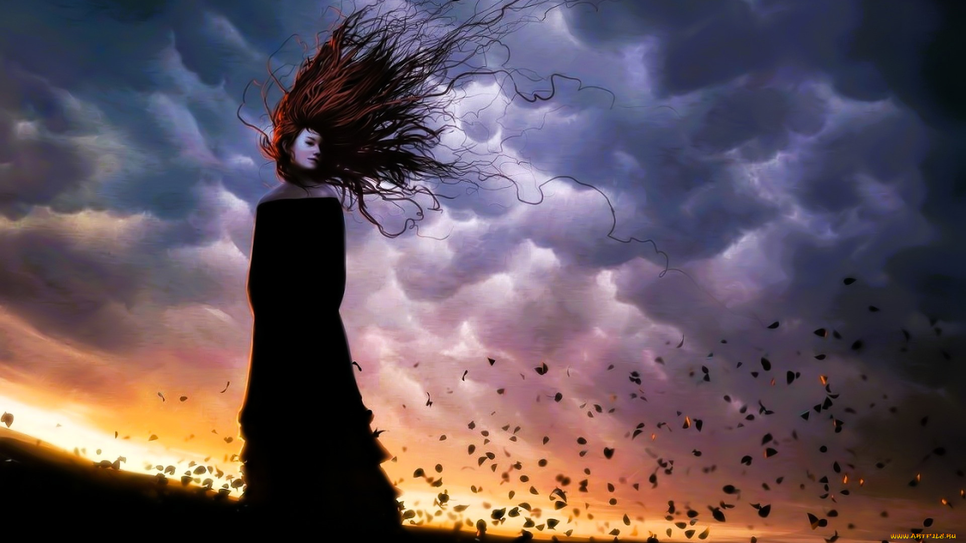 рисованное, люди, девушка, рыжая, ветер, тучи, листья
