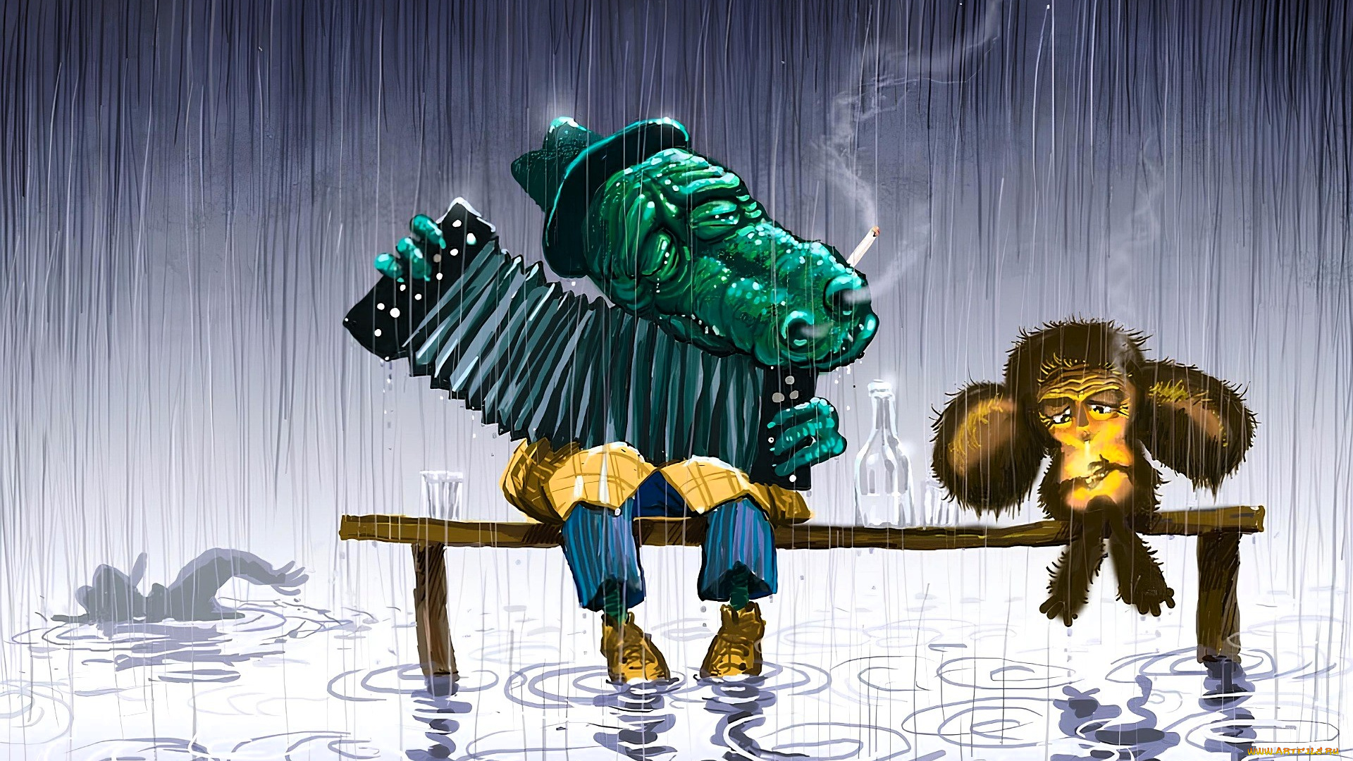 юмор, и, приколы, крокодил, гена, чебурашка, гармошка, дождь, вода, скамейка