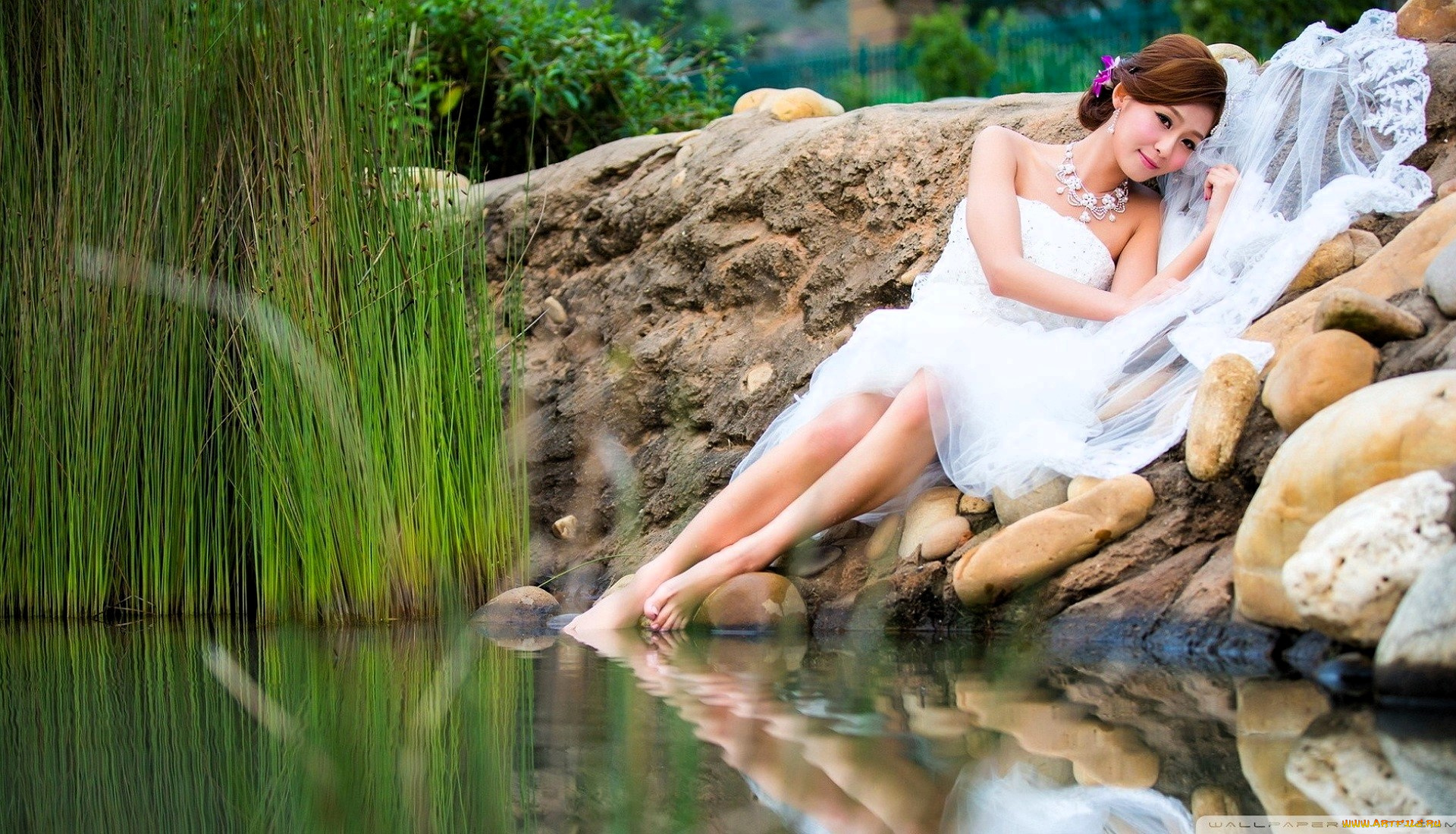 девушки, -, азиатки, шатенка, ожерелье, платье, камни, камыши, озеро