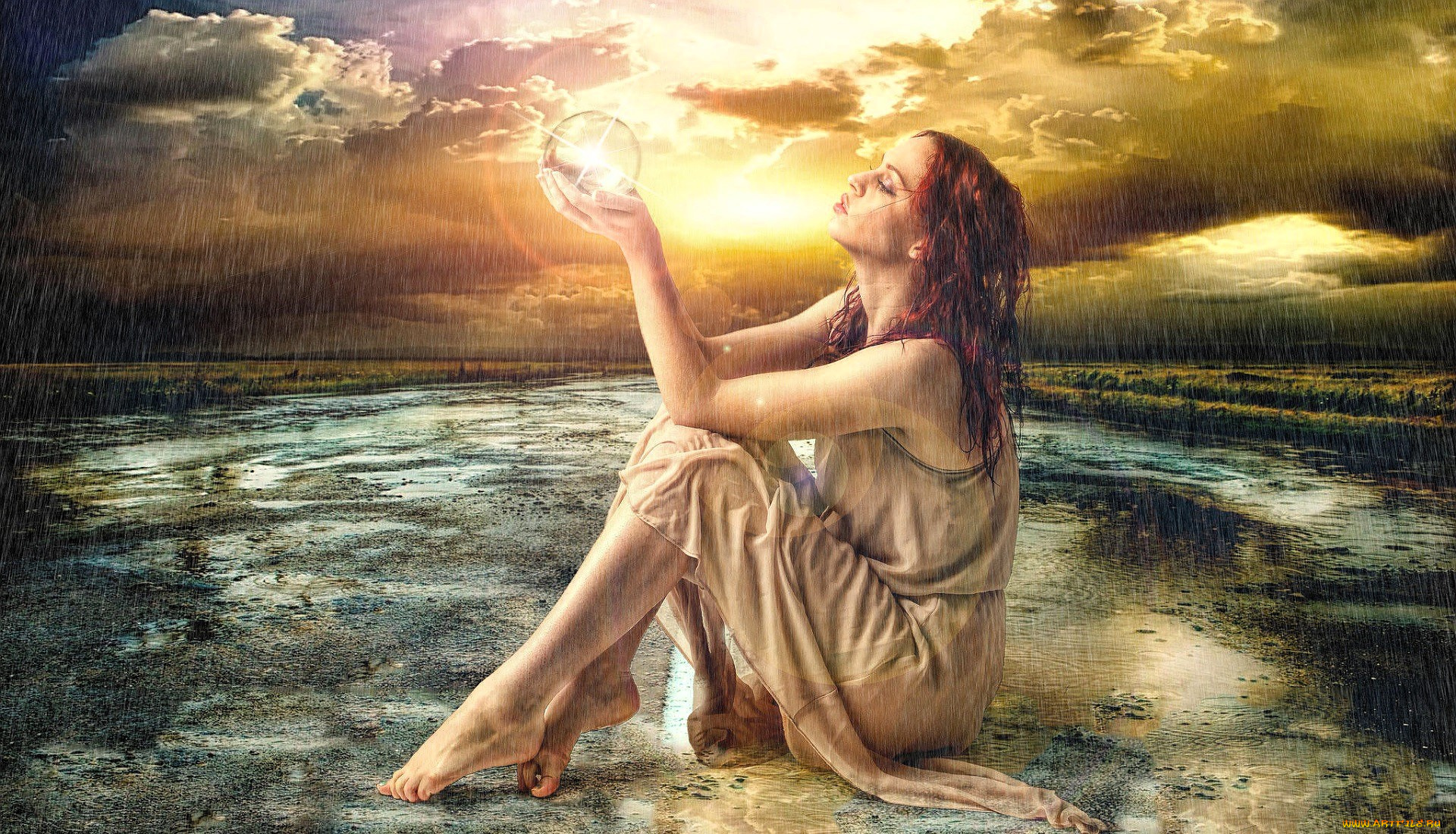 девушки, -, рыжеволосые, и, разноцветные, рыжая, платье, шар, дождь, облака, вода