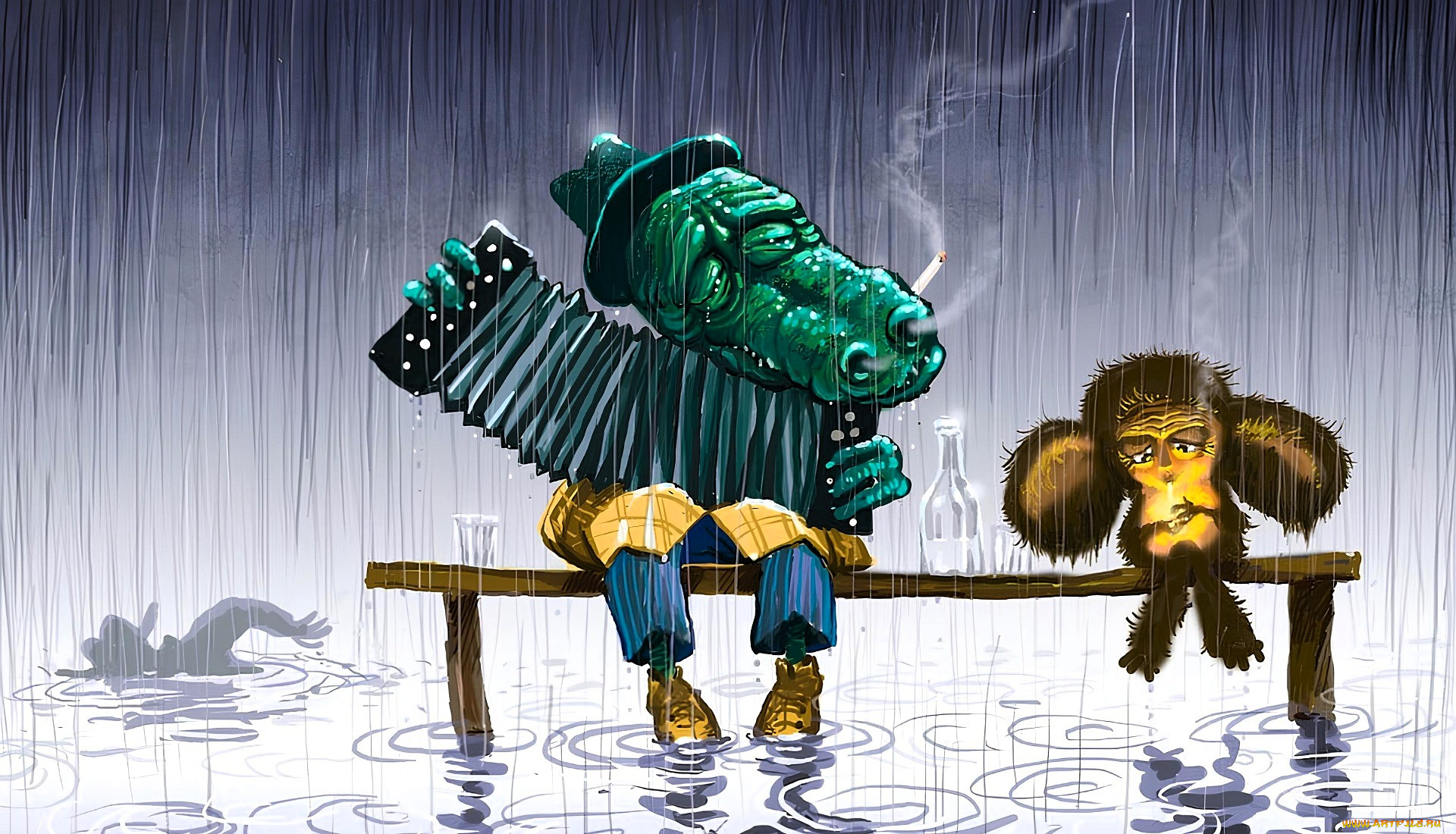 юмор, и, приколы, крокодил, гена, чебурашка, гармошка, дождь, вода, скамейка