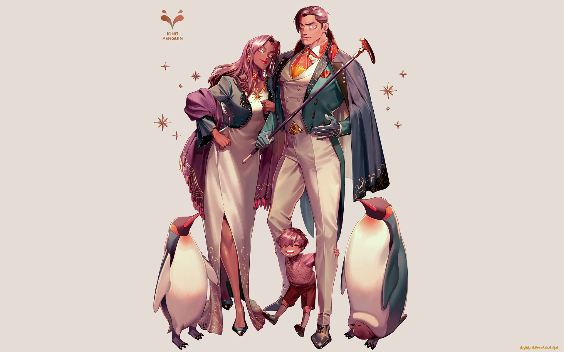 аниме, животные, , существа, семья, мужчина, женщина, ребенок, пингвины, трость