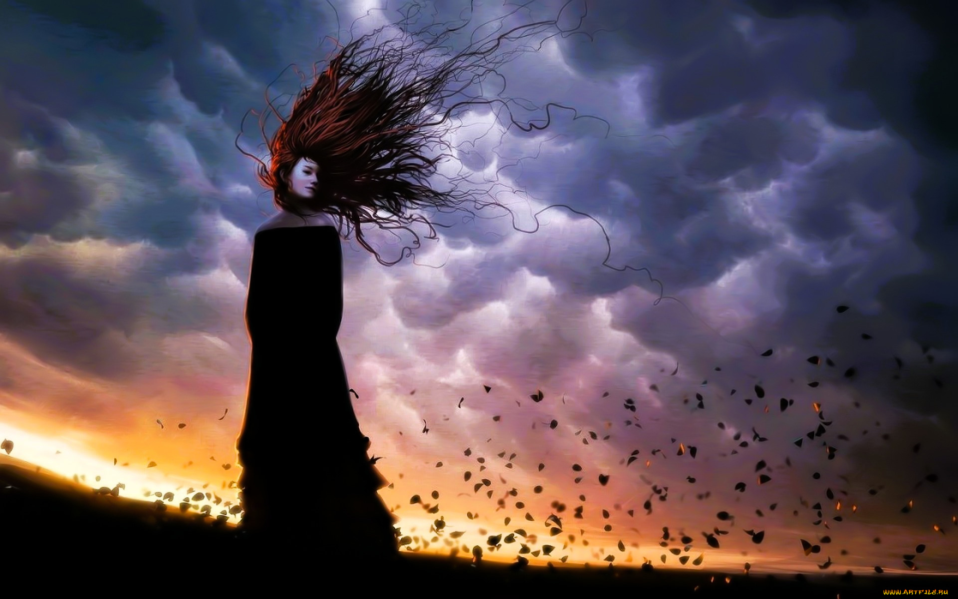 рисованное, люди, девушка, рыжая, ветер, тучи, листья