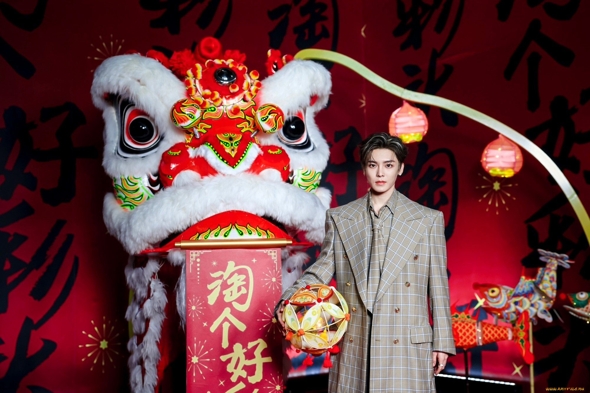 мужчины, hou, ming, hao, актер, пальто, шар, дракон, фонарики