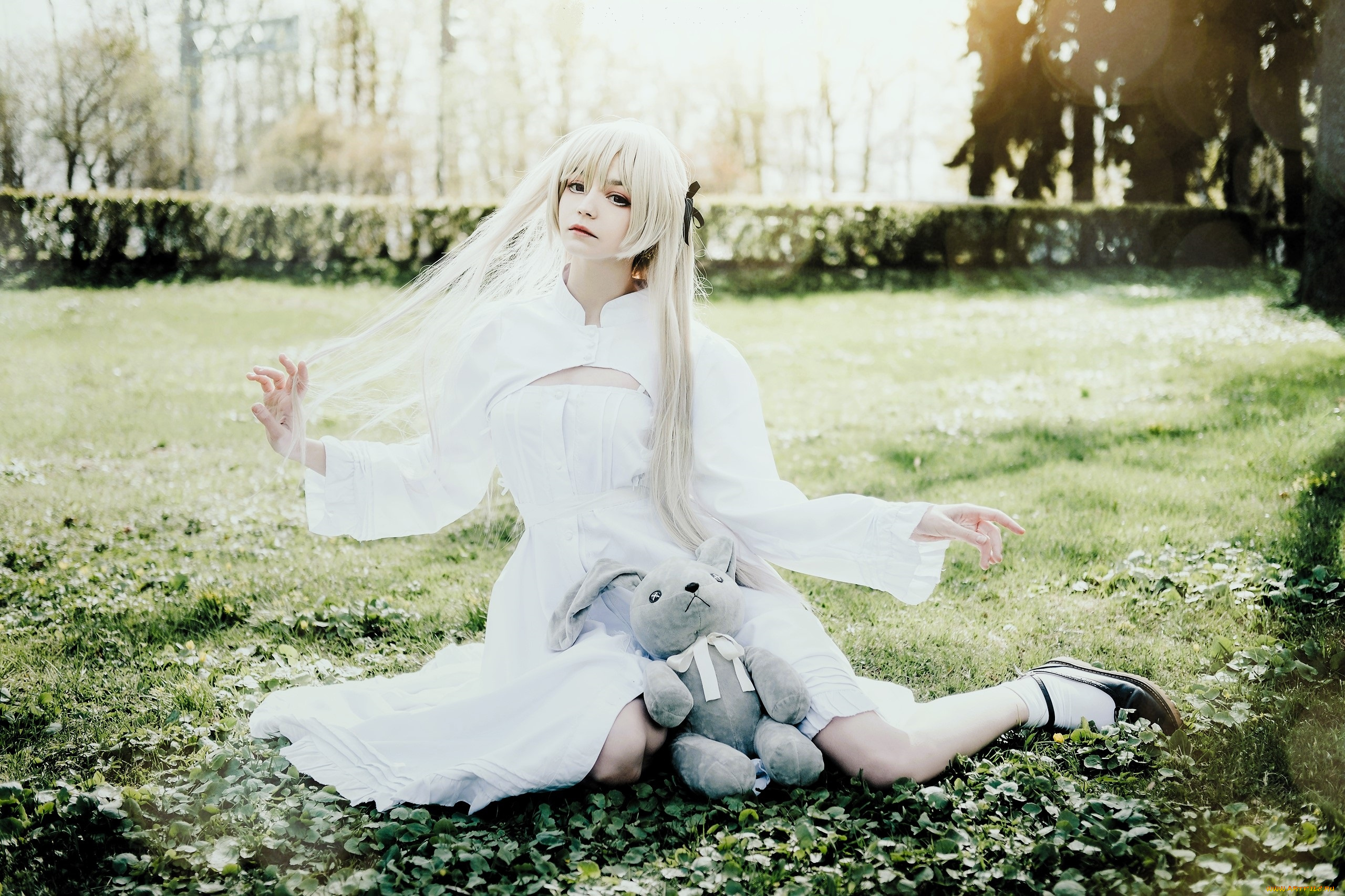 девушки, tenletters, образ, костюм, косплей, наряд, лужайка, мишка