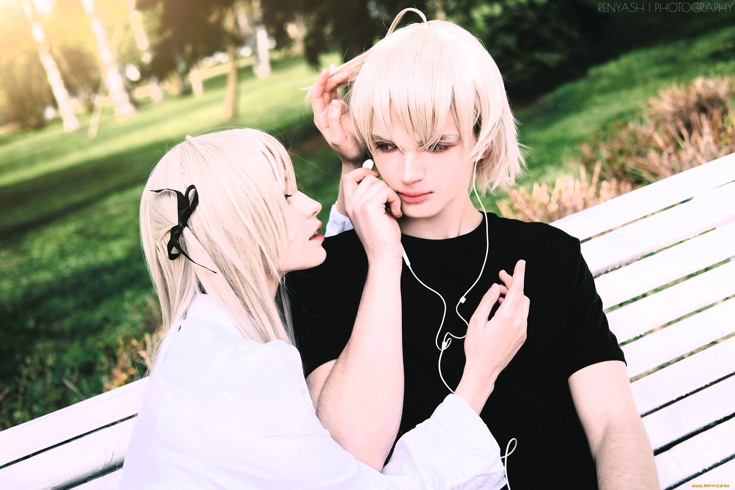девушки, tenletters, образы, косплей, пара, наушники, скамейка
