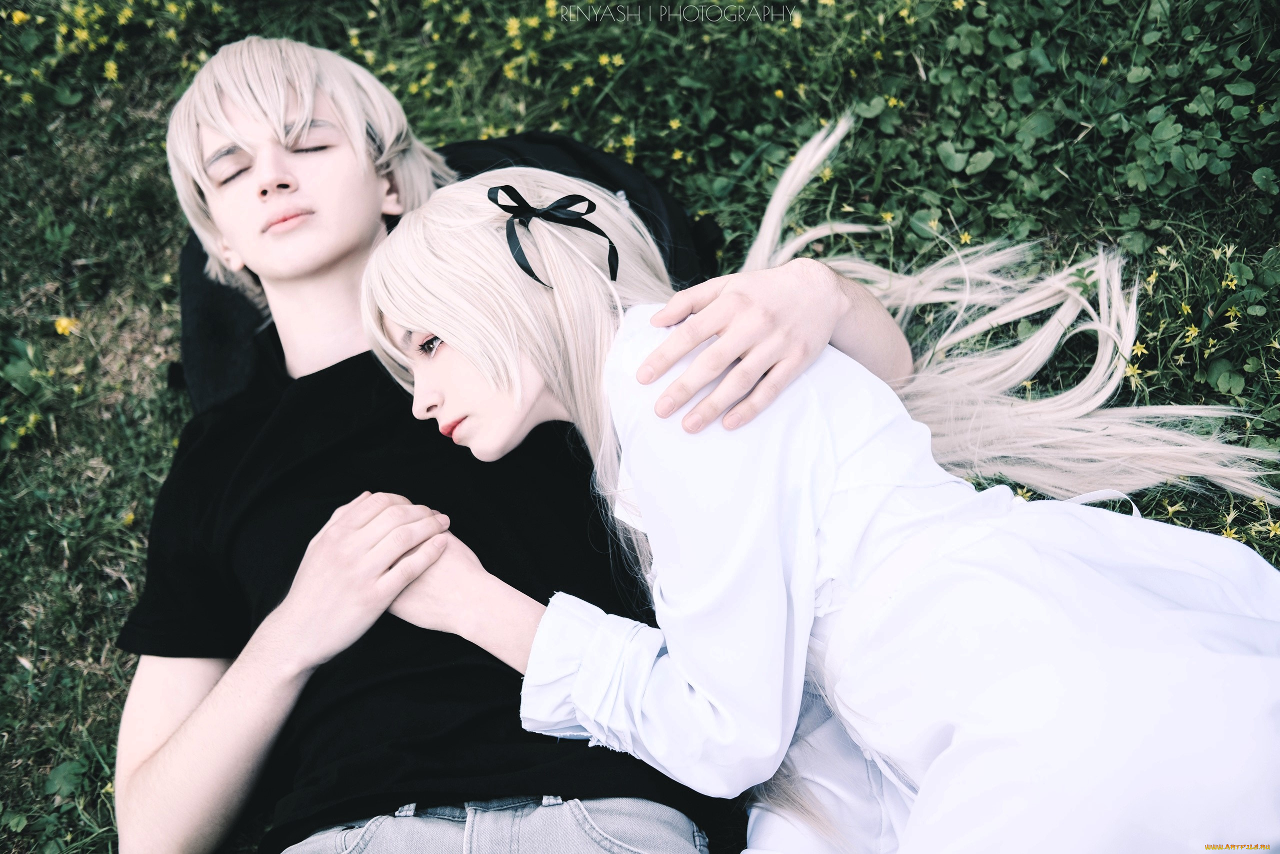 девушки, tenletters, образы, косплей, пара, наушники, трава