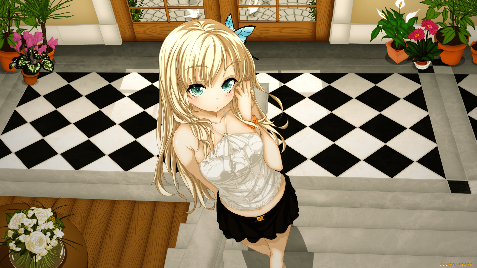 аниме, boku, wa, tomodachi, ga, sukunai, девушка, ступеньки, бабочка, цветы