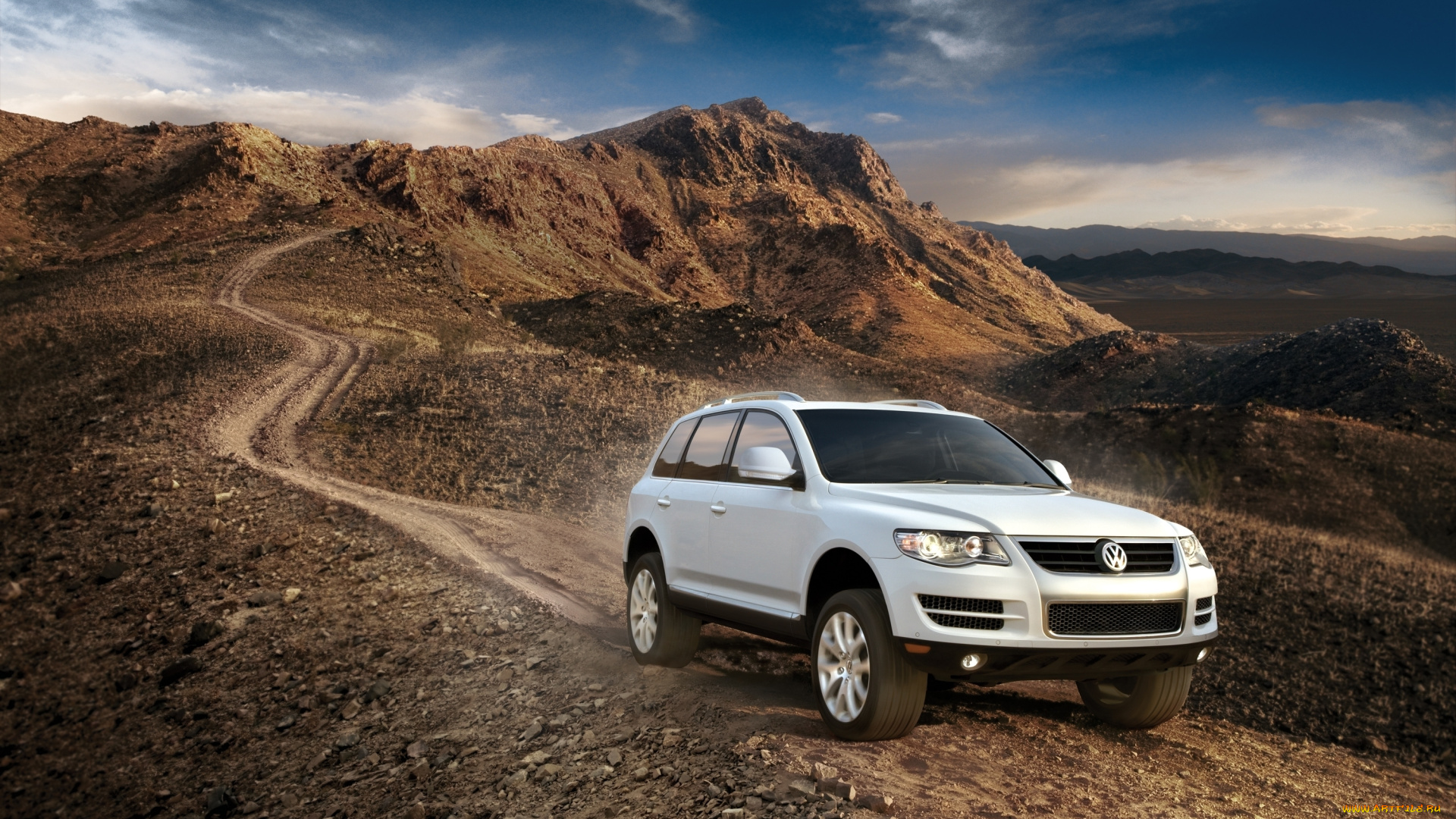 автомобили, volkswagen, внедорожник, touareg, горы, небо, фон