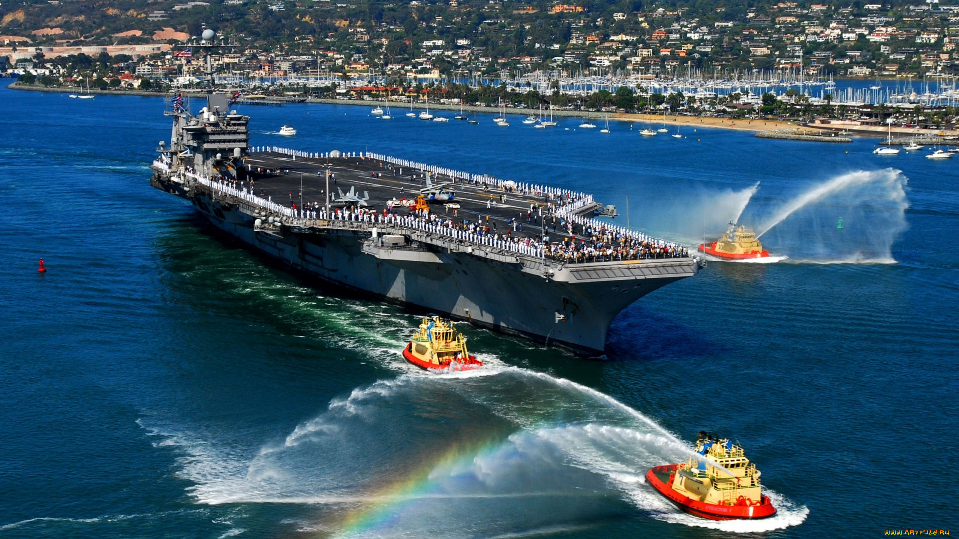 корабли, авианосцы, вертолётоносцы, uss, john, c, stennis, берег, авианосец, буксиры, побережье