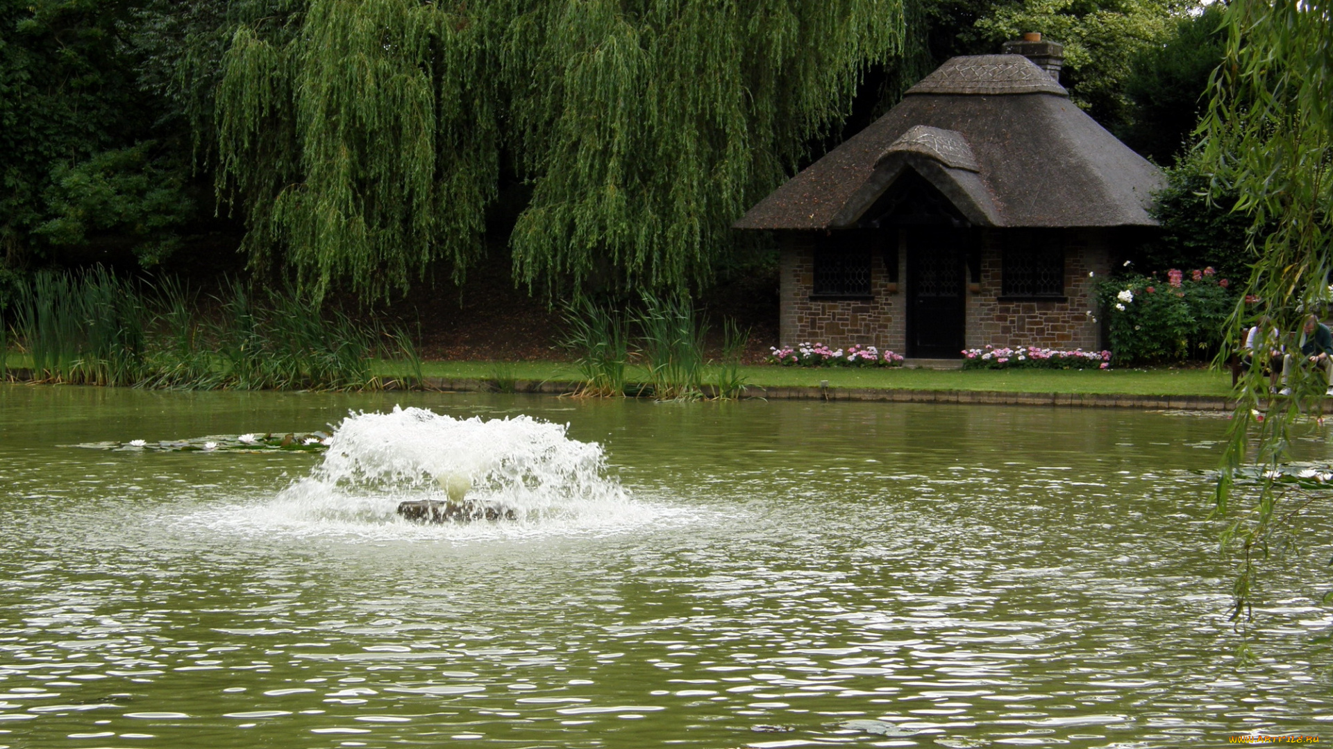 природа, парк, водоем, фонтан, домик, цветы