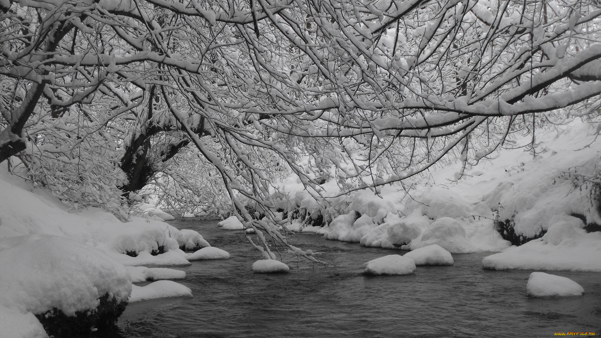 природа, зима, снег, река, деревья