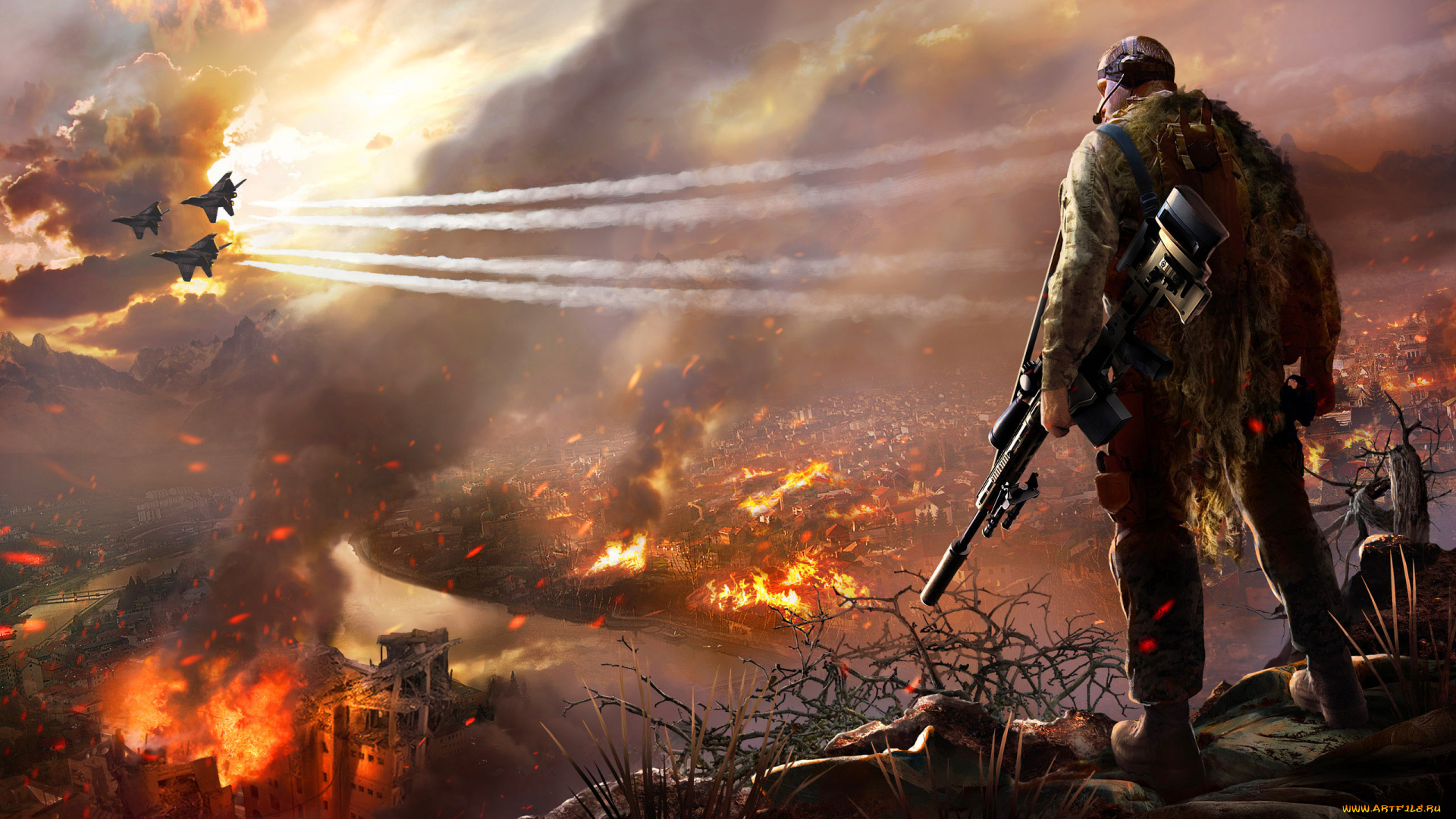 видео, игры, sniper, ghost, warrior, истребители, горящий, город, снайпер, 2