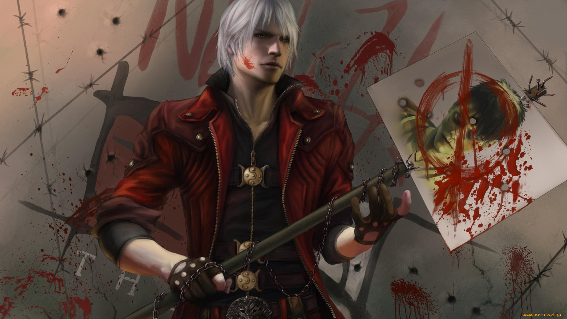 аниме, devil, may, cry, кровь, плакат, цепь, парень