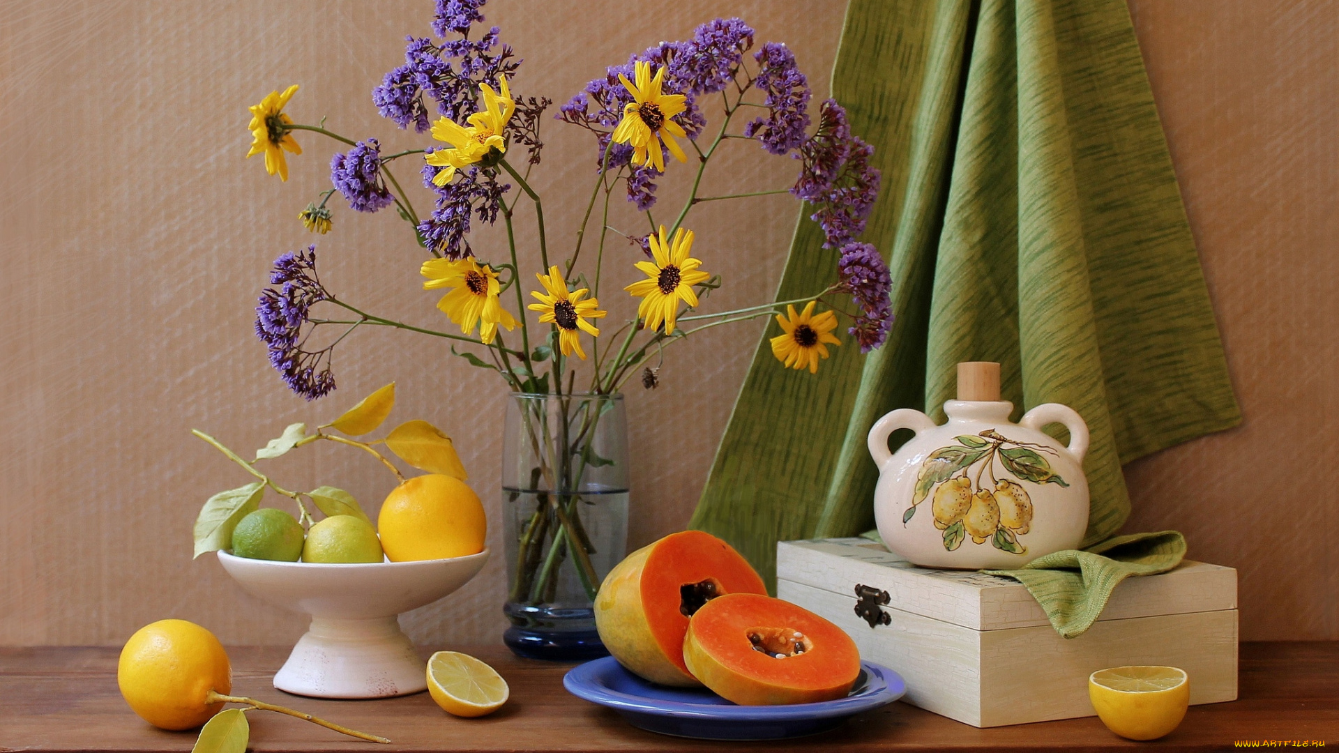 еда, натюрморт, папайя, лимоны, букет