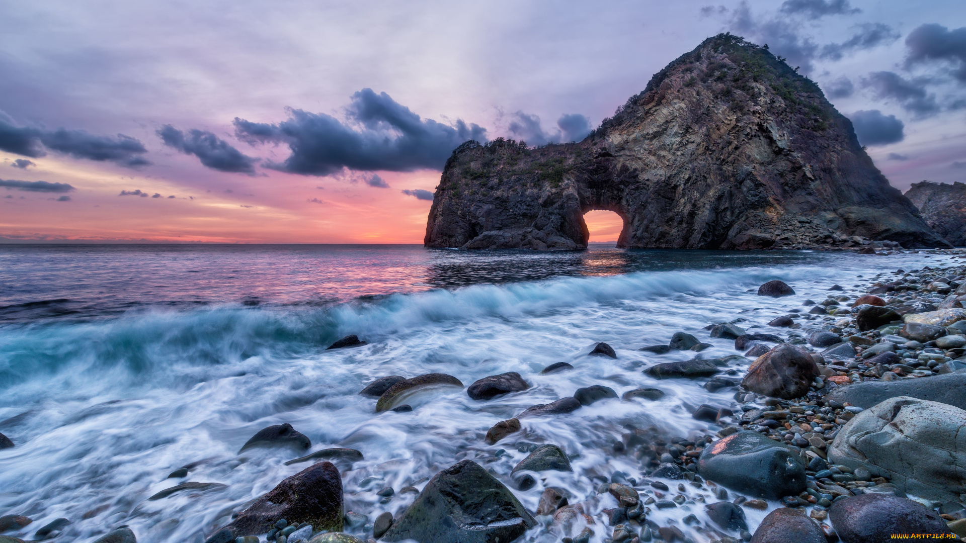 природа, побережье, Япония, море, скала, арка, камни, закат