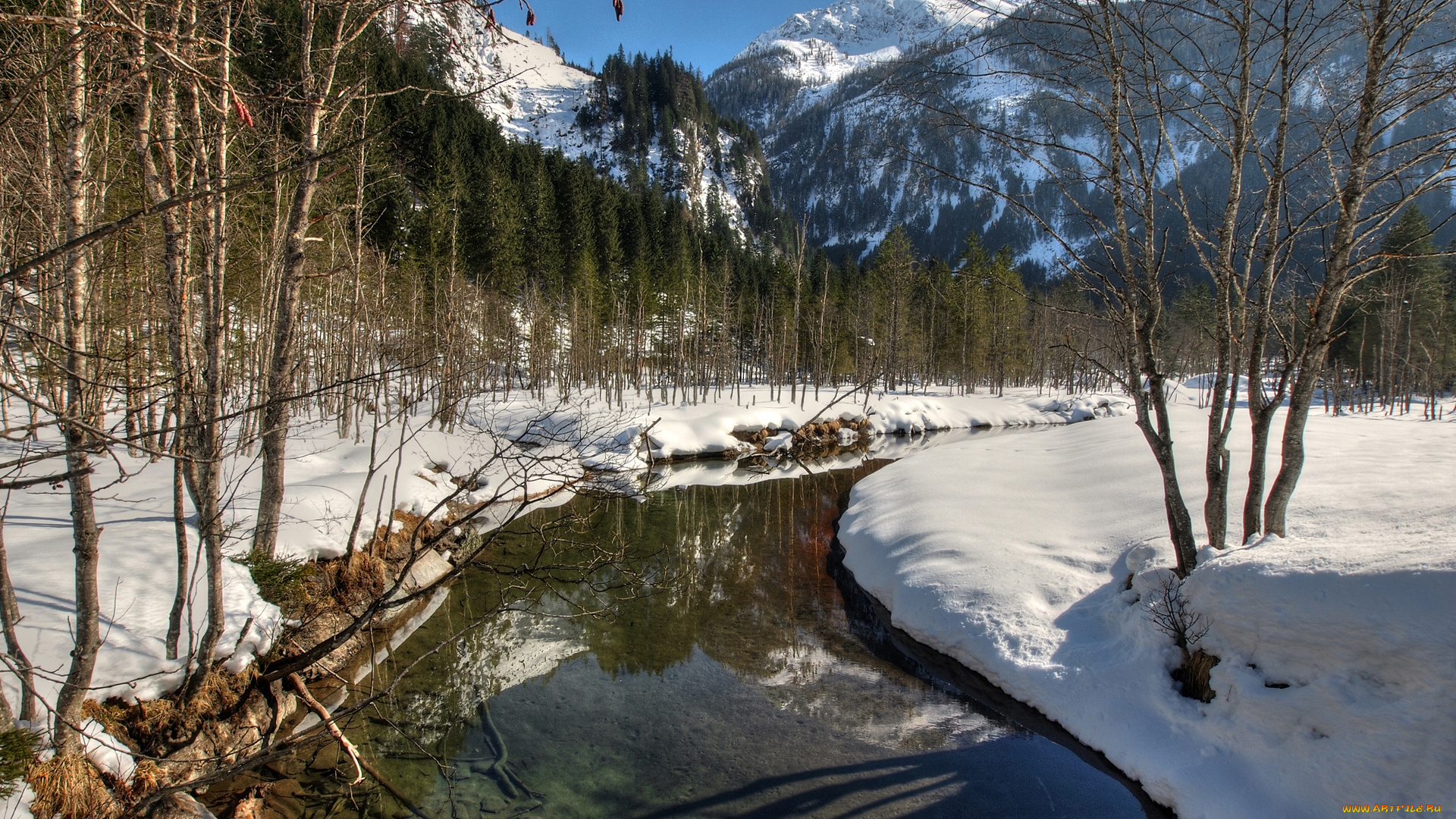 природа, реки, озера, деревья, река, вода, зима, снег