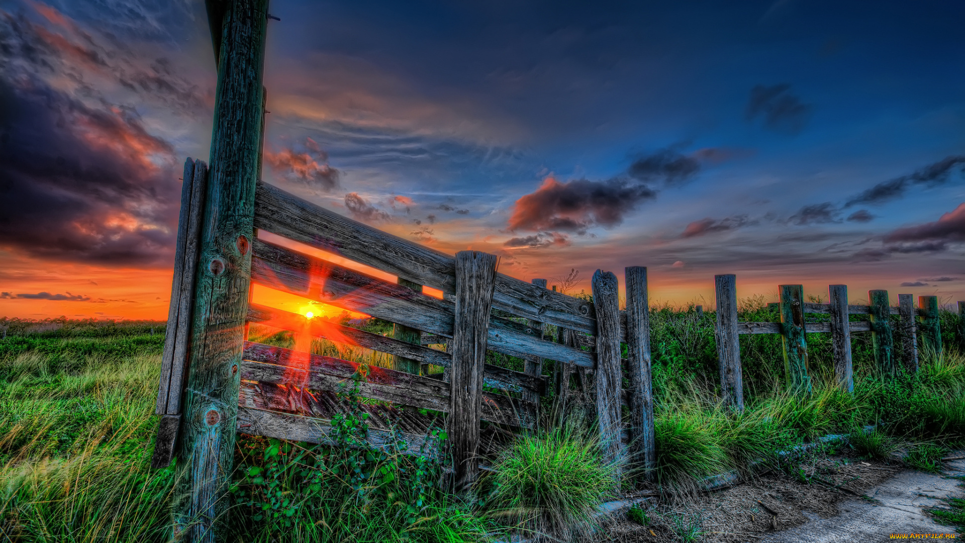природа, восходы, закаты, дорога, забор, закат, луг