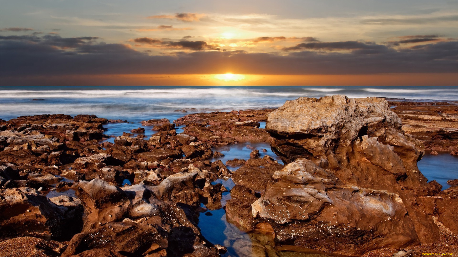природа, восходы, закаты, горизонт, камни, закат, океан