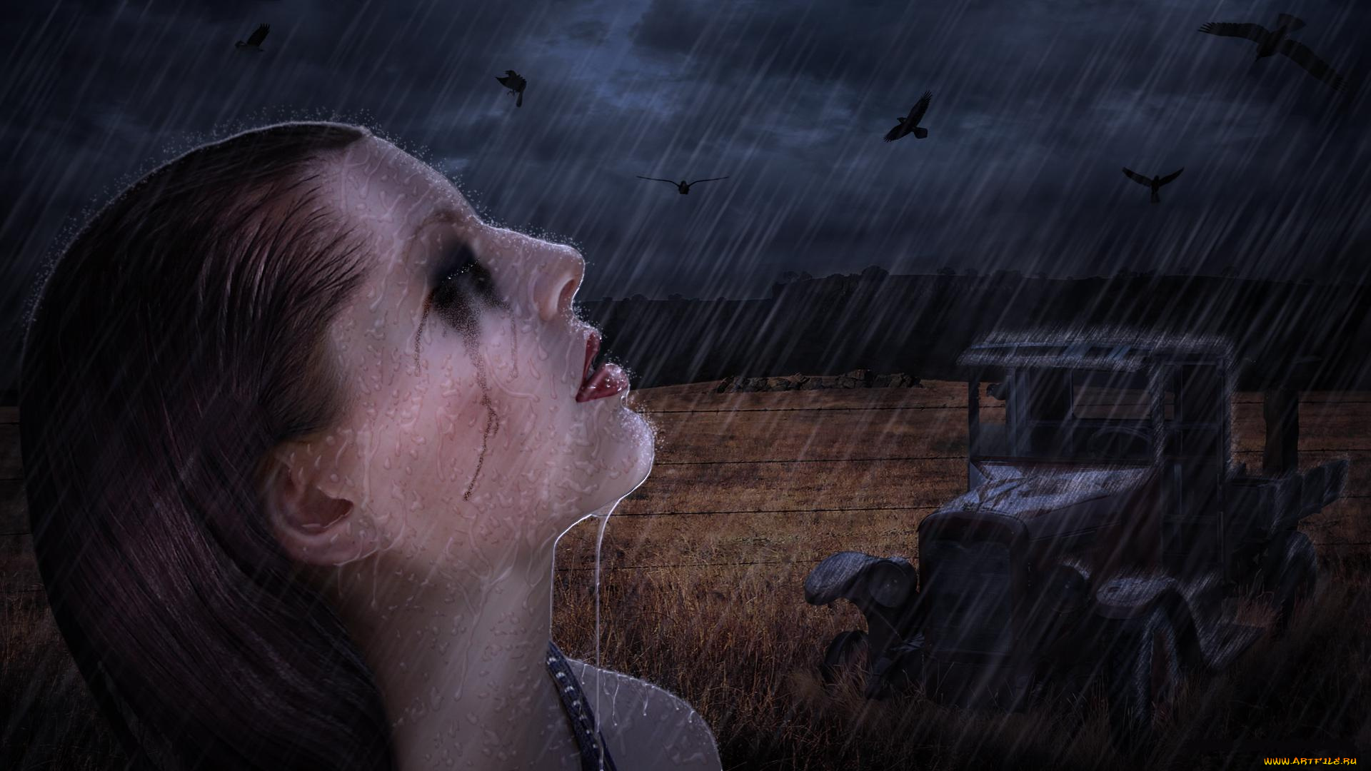 rainy, day, фэнтези, девушки, вороны, поле, дождь, капли, девушка, голова, машина