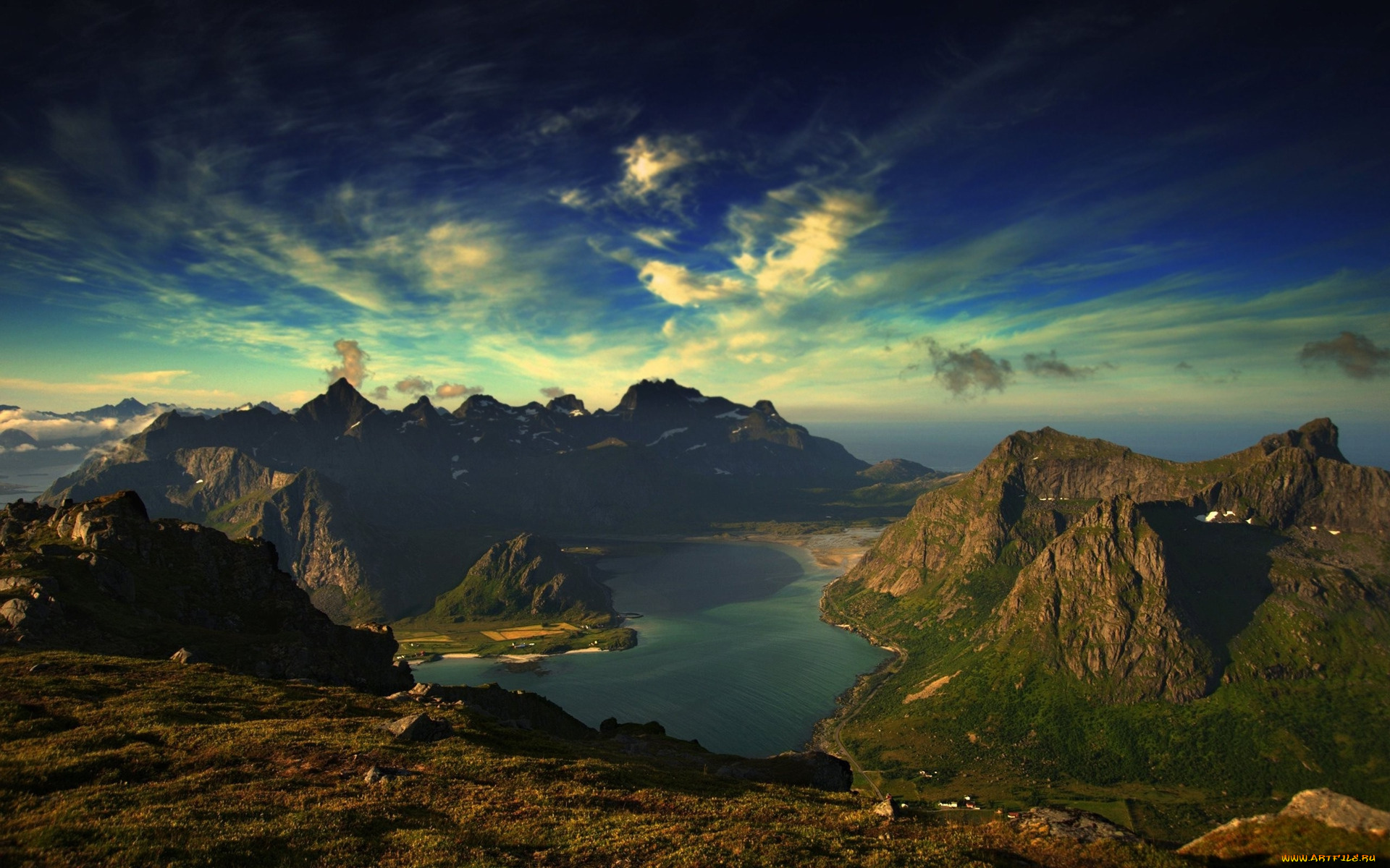 природа, пейзажи, горы, река, излучина, облака, панорама