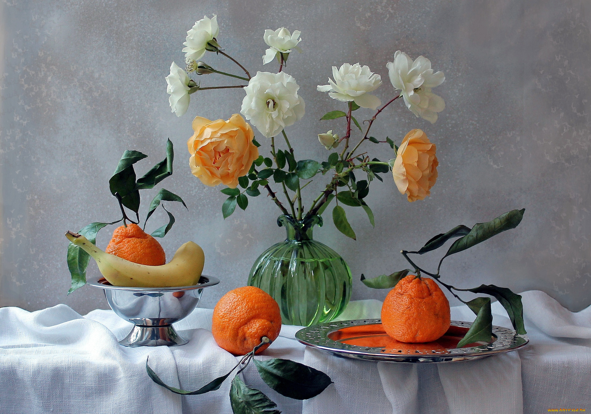 еда, натюрморт, мандарины, банан, розы