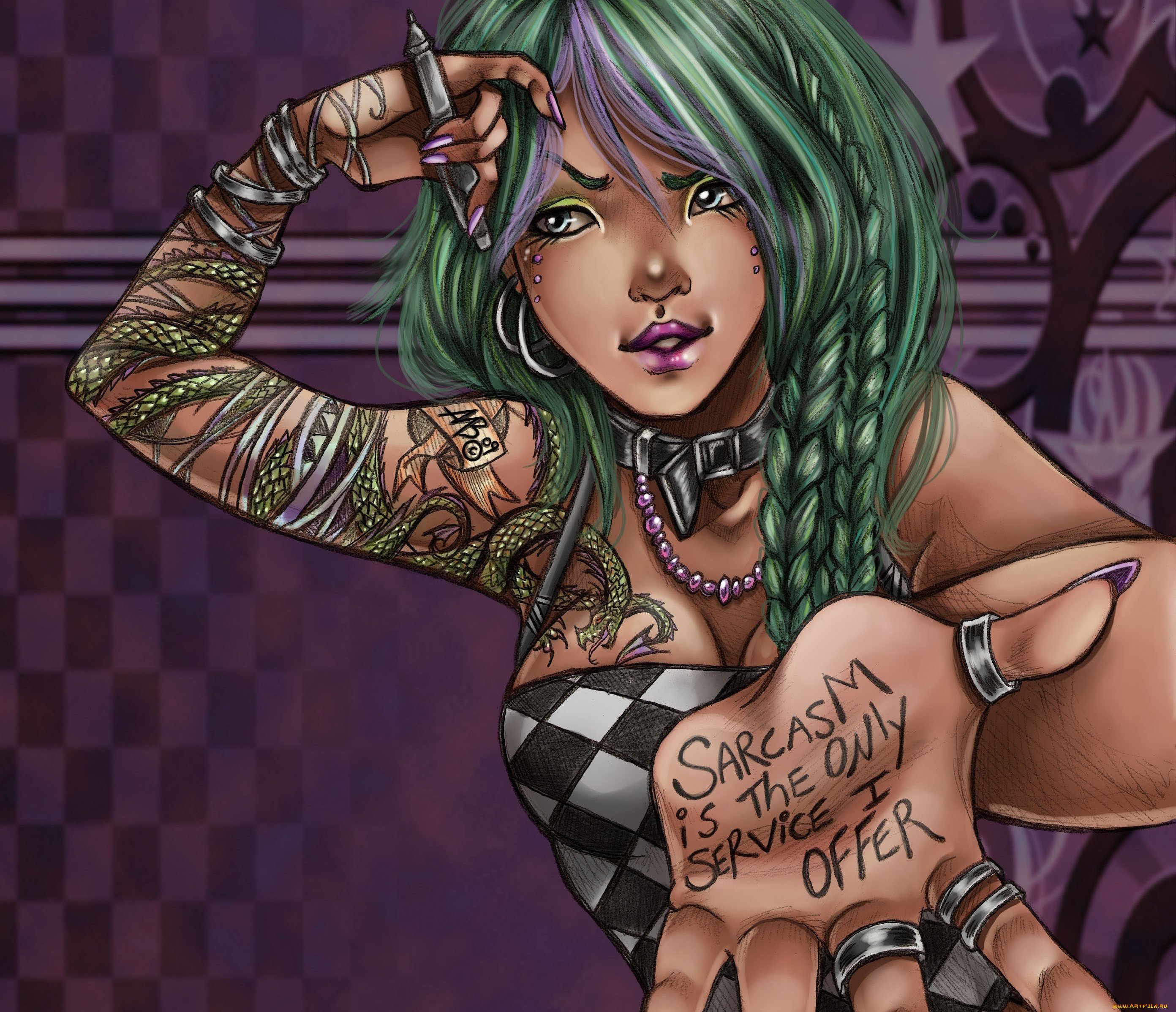 рисованные, люди, harpyqueen, девушка, тату, косички, волосы, ручка, надпись, рука, amberly, berendson