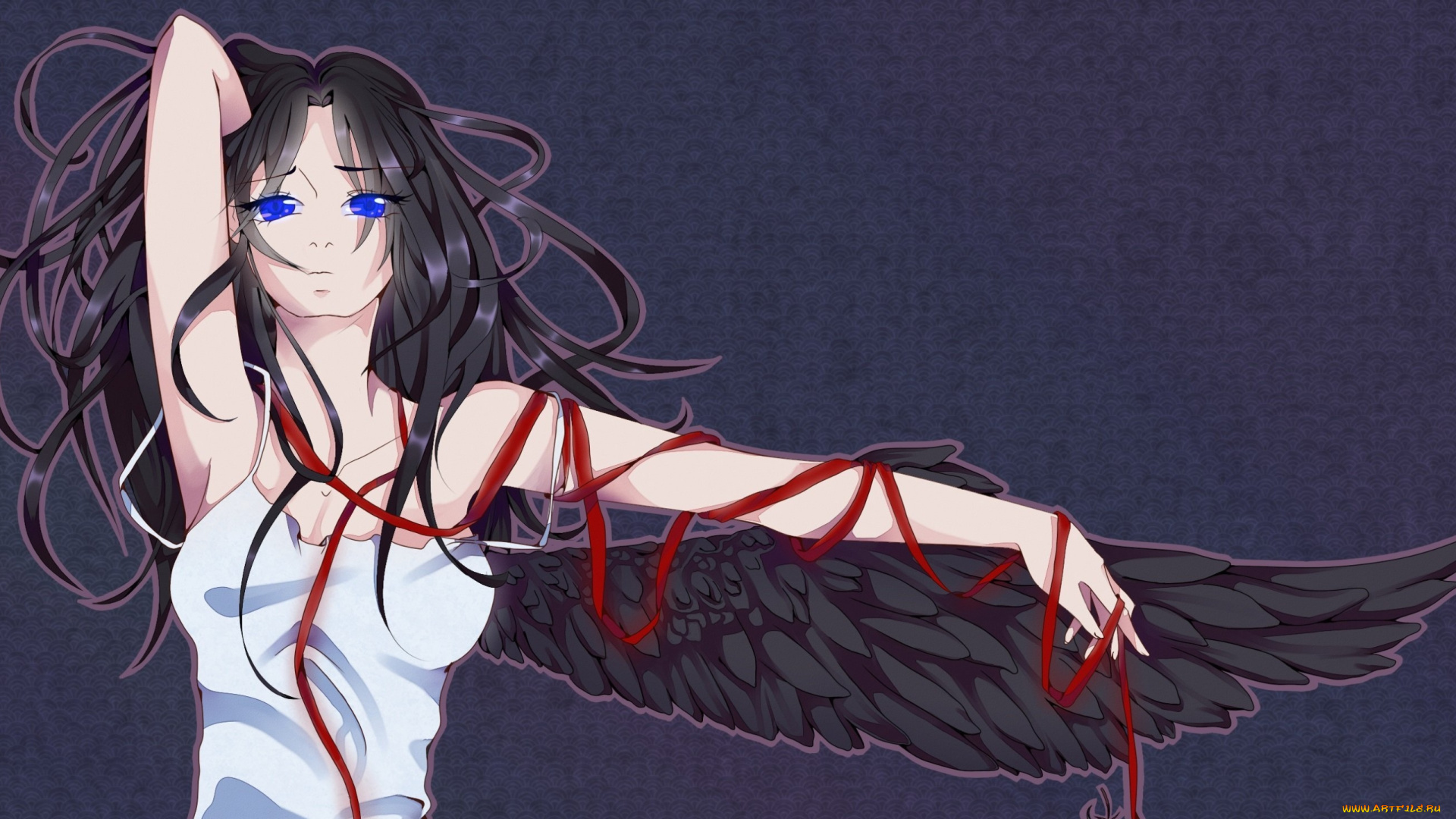 аниме, -angels, &, demons, голубые, глаза, взгляд, крылья, ангел, девушка, белое, платье, волосы