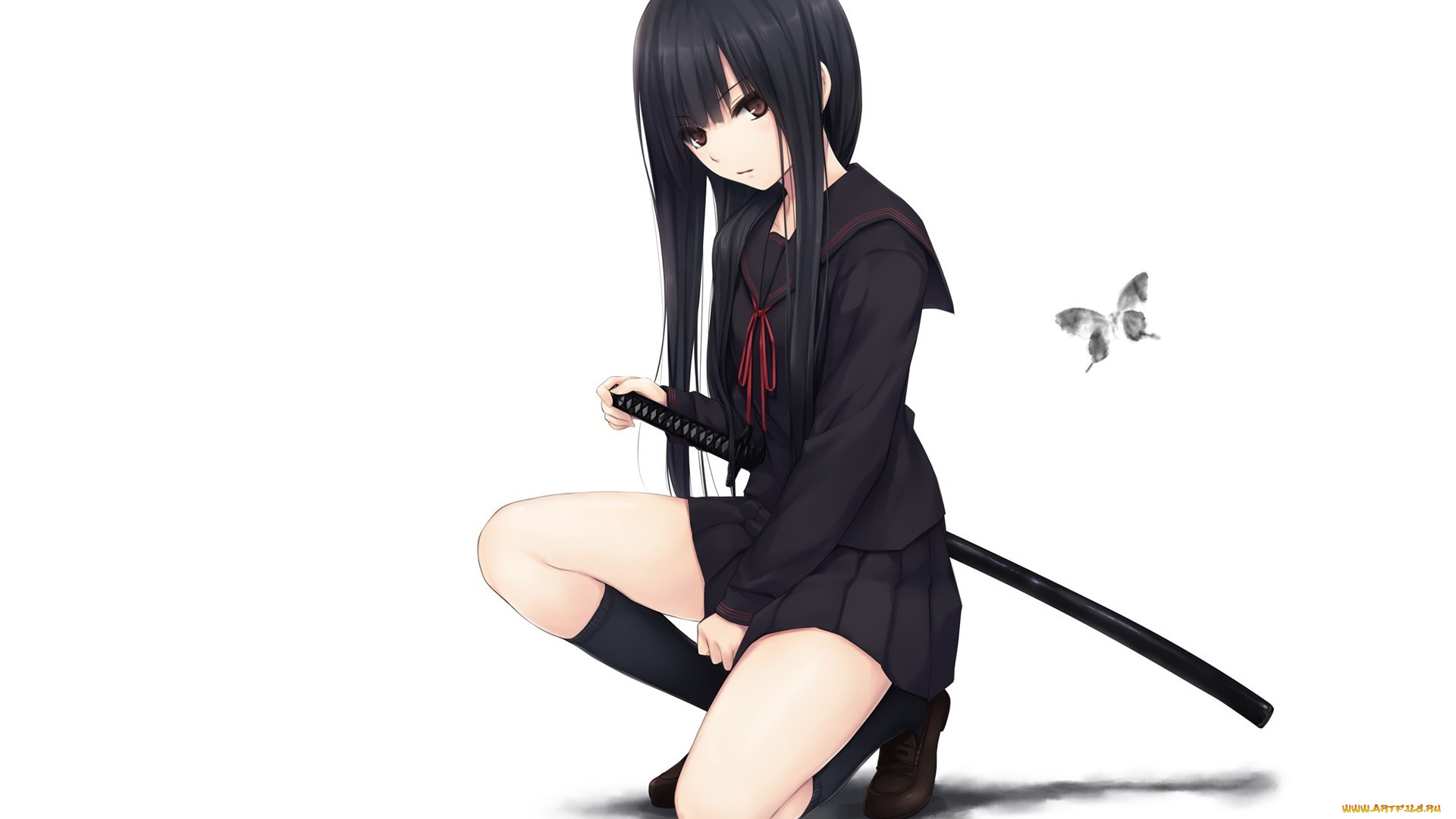 аниме, -weapon, , blood, &, technology, тень, взгляд, белый, фон, бабочка, меч, брюнетка, девушка