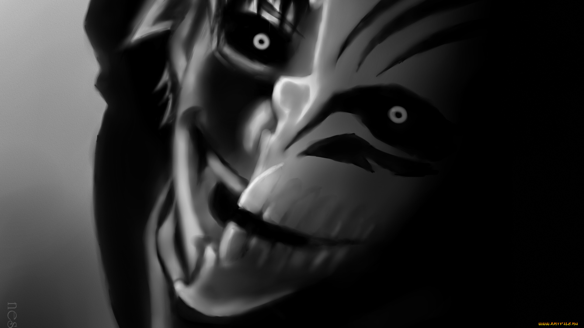 аниме, bleach, блич, ичиго, куросаки, арт, пустой, маска, взгляд, чёрно-белая, улыбка, лицо, парень