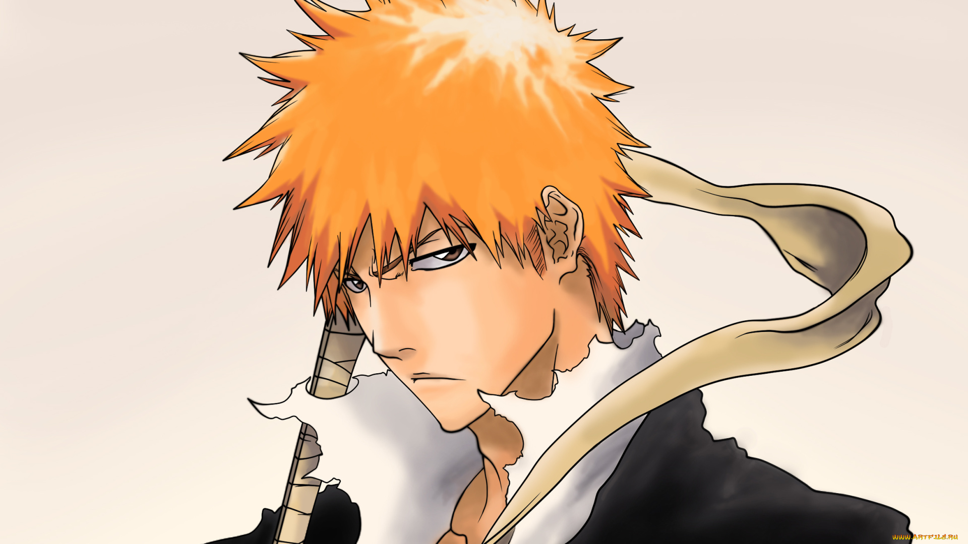 аниме, bleach, блич, лицо, парень, взгляд, ичиго, куросаки, лента, белый, фон, рыжий