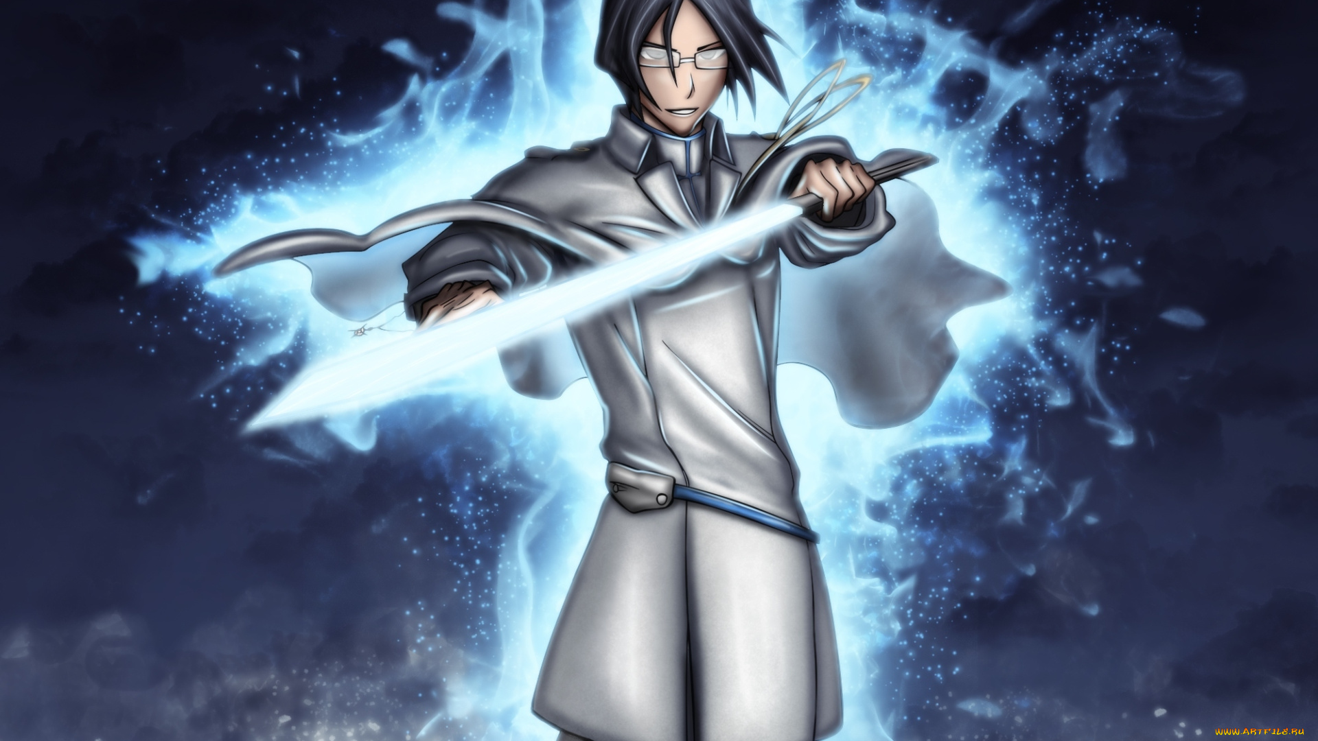аниме, bleach, духовные, частицы, зели-шнайдер, искры, парень, брюнет, исида, урю, квинси, очки