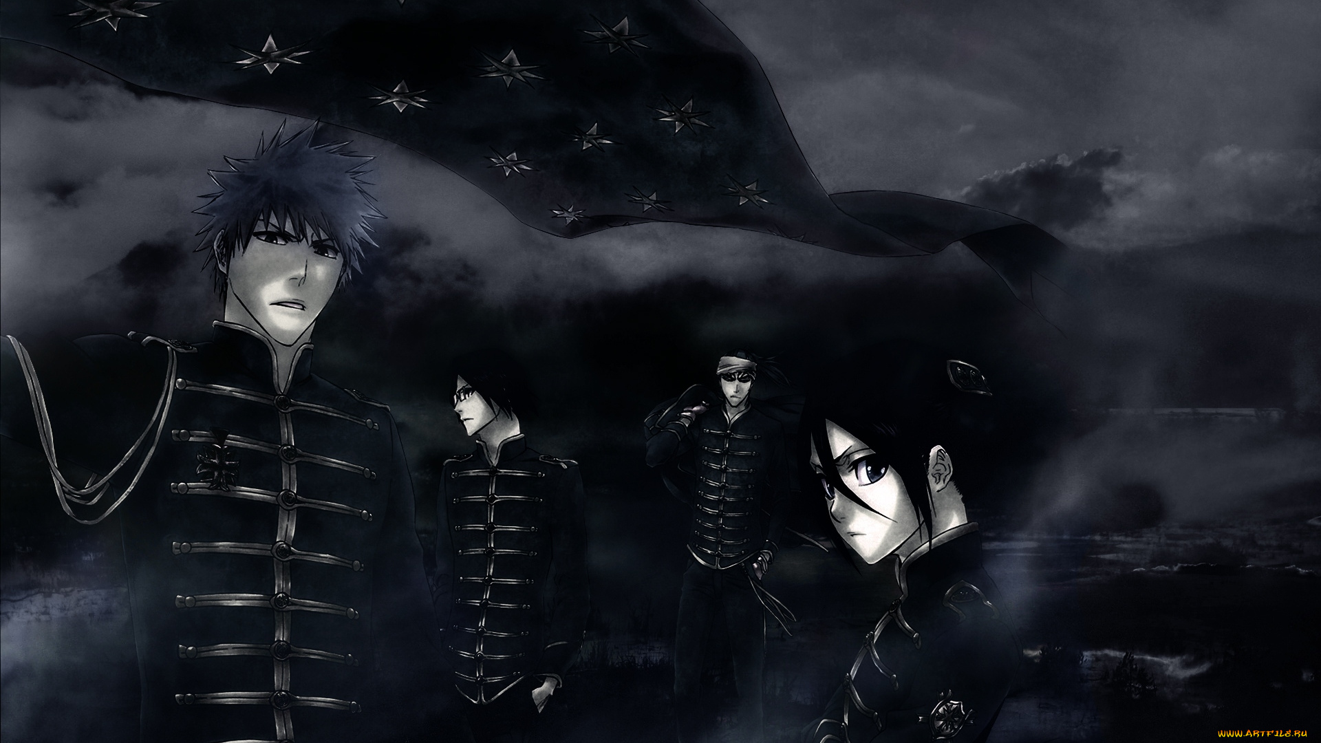 аниме, bleach, форма, исида, абарай, ночь, небо, облака, рукия, ичиго, блич, урю, чёрно-белая, кучики, куросаки, ренджи