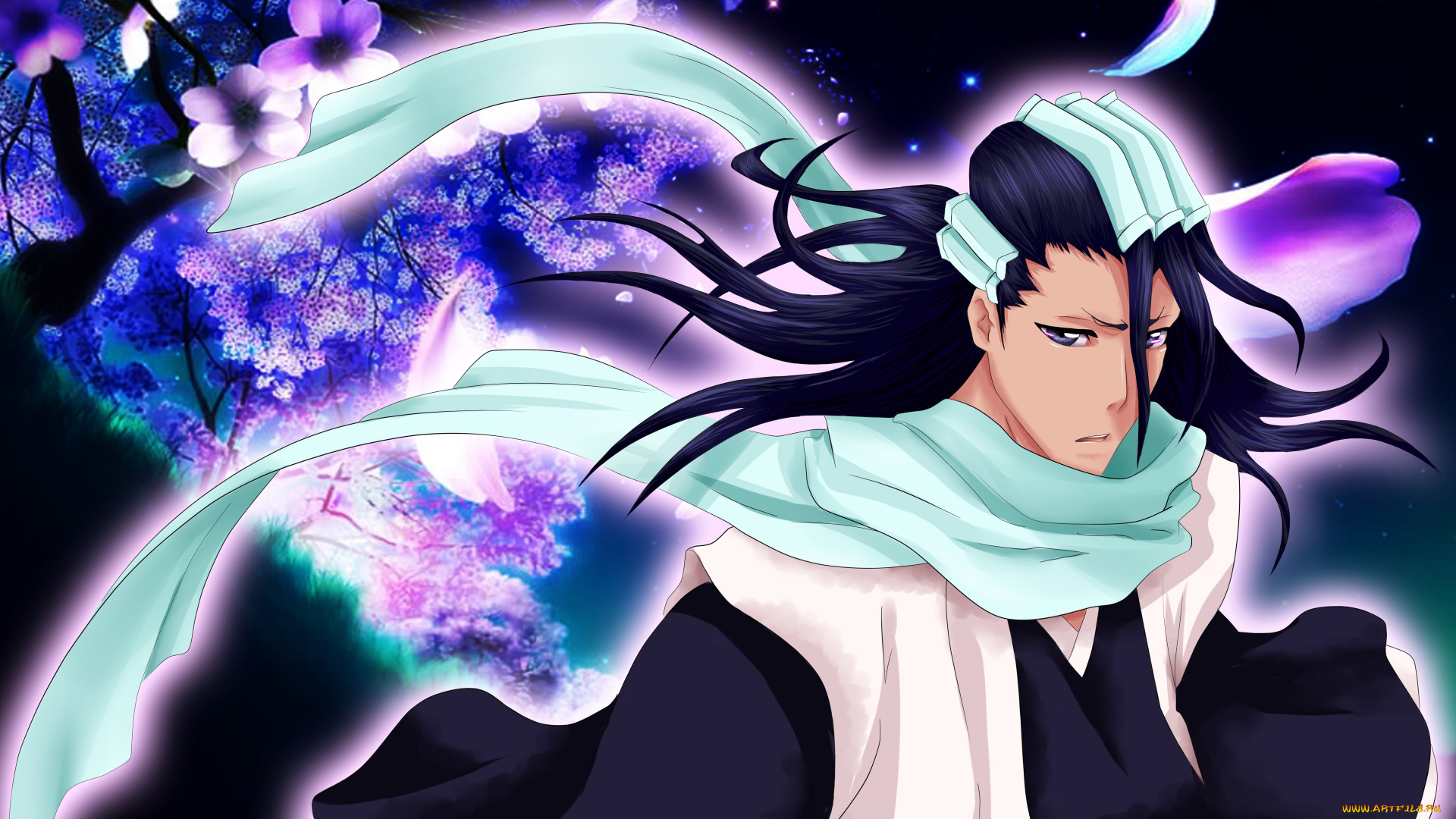 аниме, bleach, парень, брюнет, ветви, шарф, взгляд, кучики, сияние, капитан, шестого, отряда, цветы