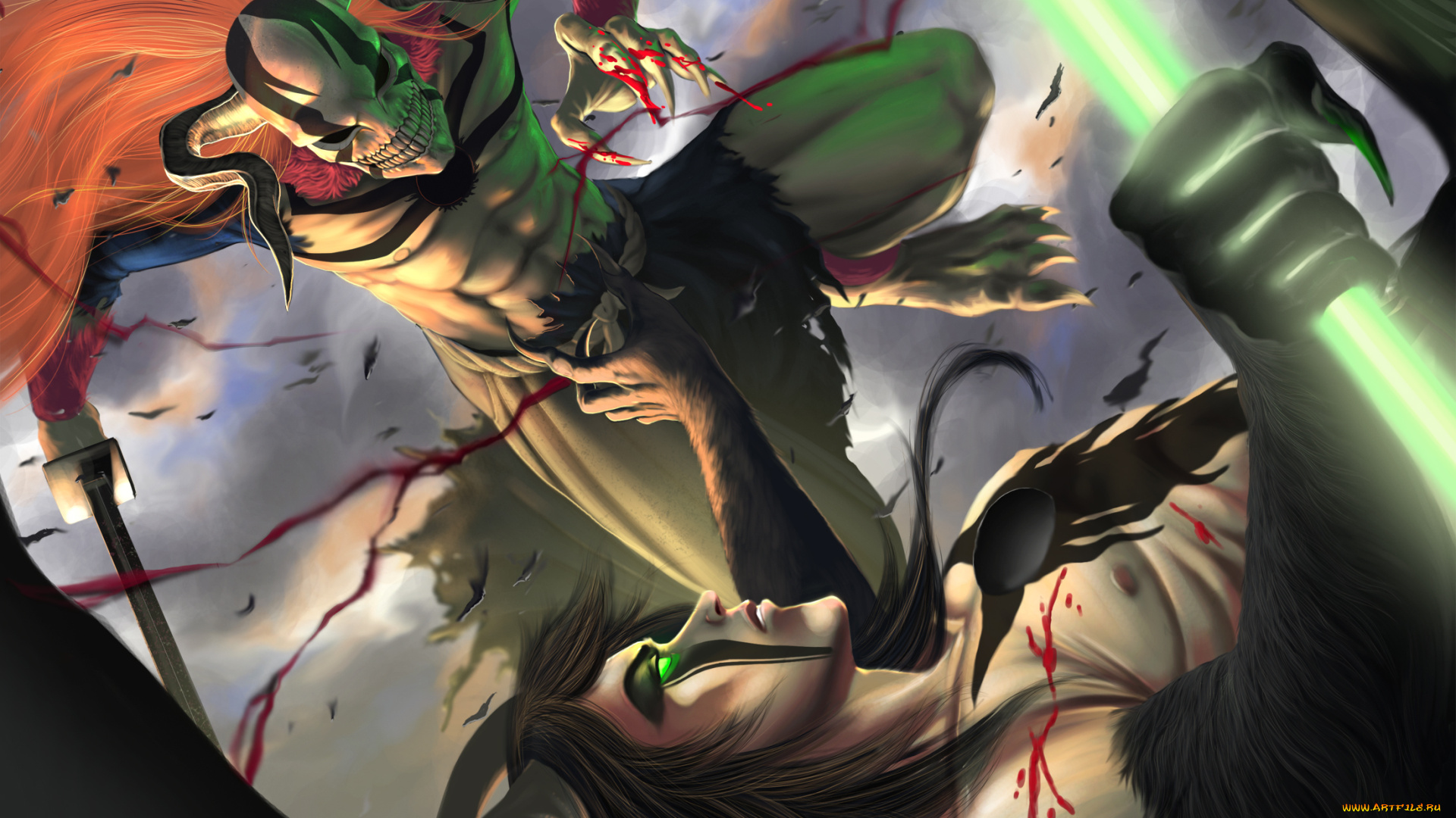 аниме, bleach, пустой, улькиорра, шиффер, ичиго, куросаки, аранкар, блич, бой, арт, кровь, занпакто, сера, небо, облака, осколки