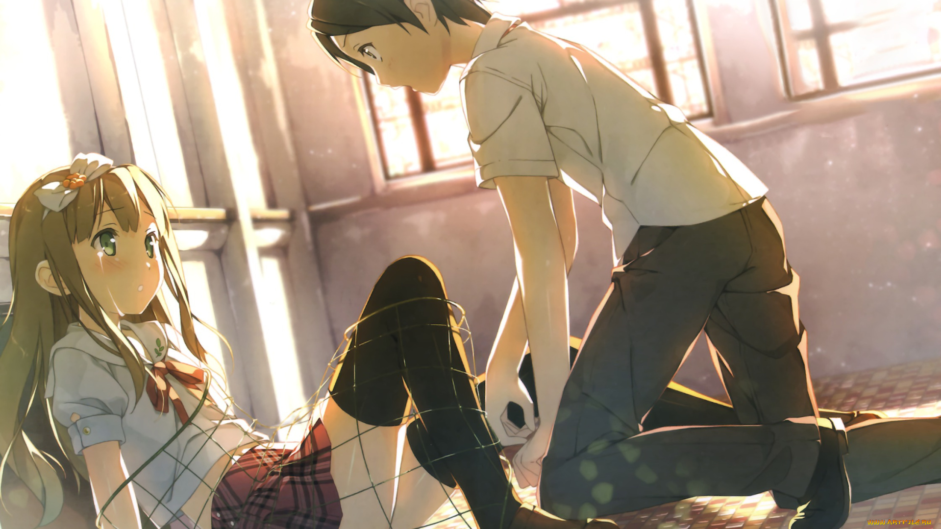 аниме, henneko, сеть, парень, девушка, бант, окна, свет, сияние, слёзы