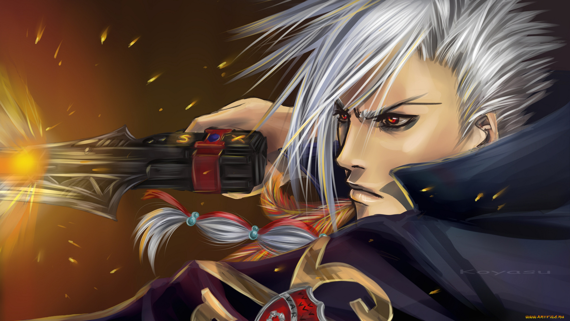 аниме, katekyo, hitman, reborn, искры, вария, пламя, бусы, косичка, перья, пистолет, парень, серые, волосы, арт, занзас