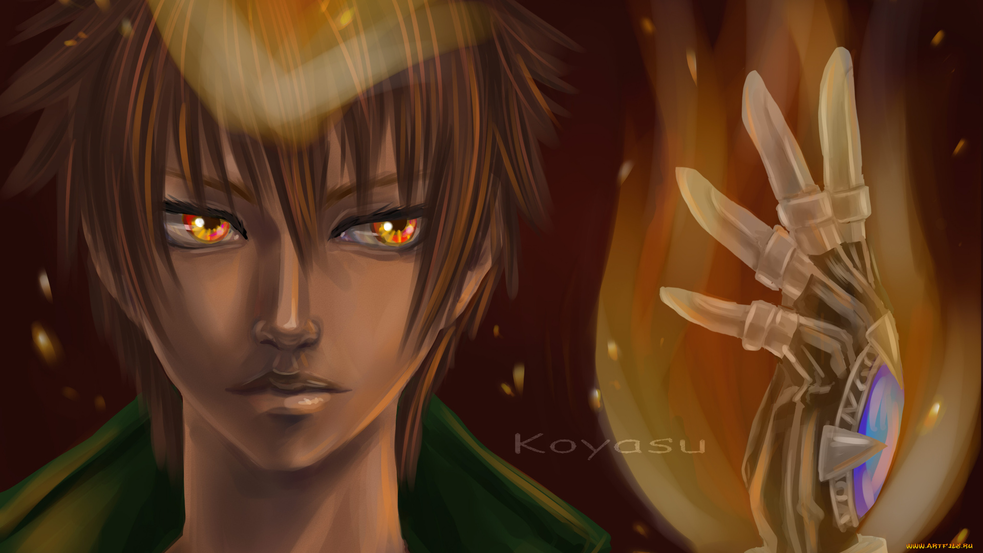 аниме, katekyo, hitman, reborn, шатен, парень, савада, тцуна, арт, реборн, учитель, мафиози, взгляд, перчатка, рука, пламя, посмертной, воли, искры