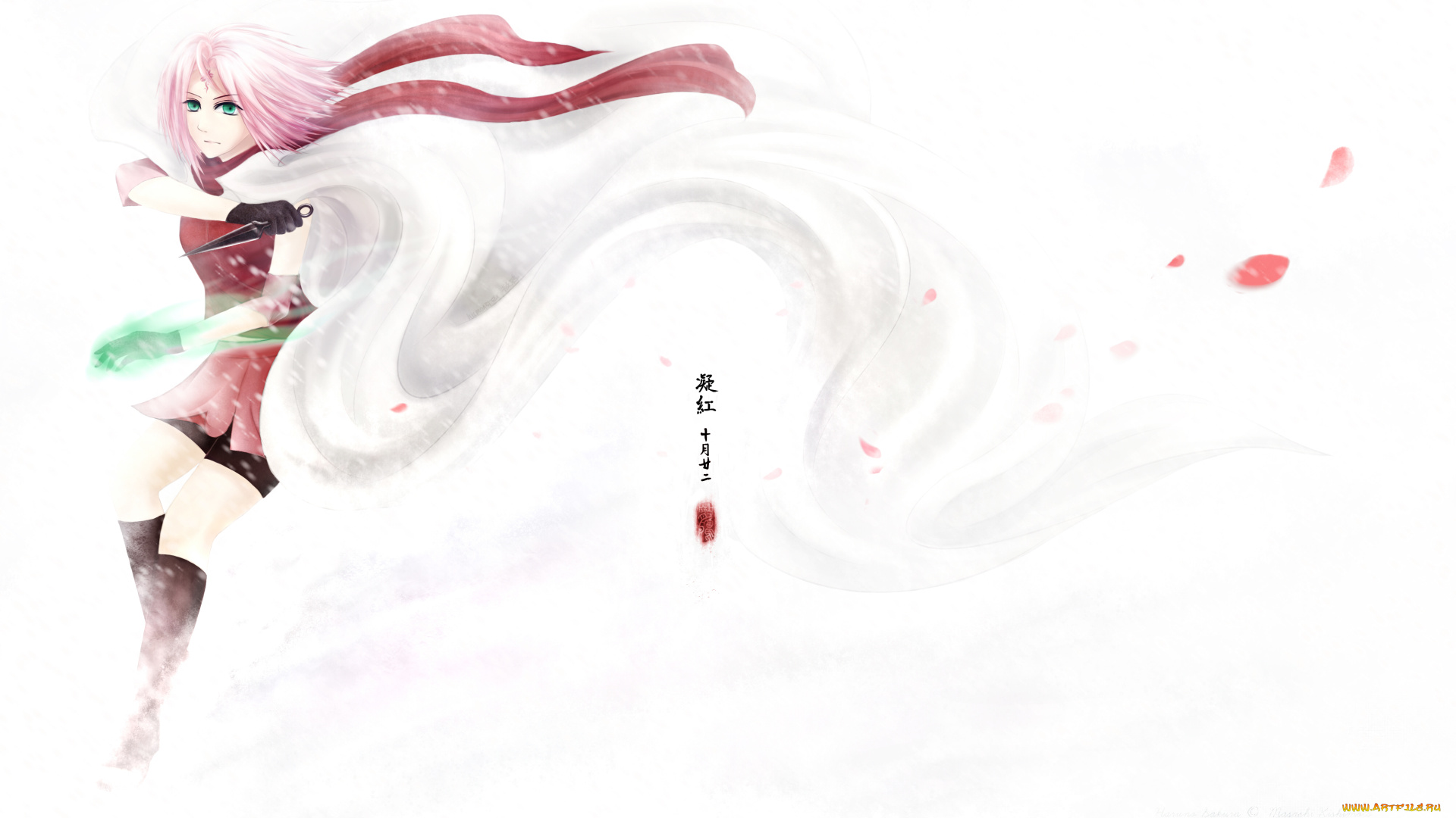 аниме, naruto, куноичи, плащ, кунай, сакура, лепестки, иероглифы, белый, фон, арт