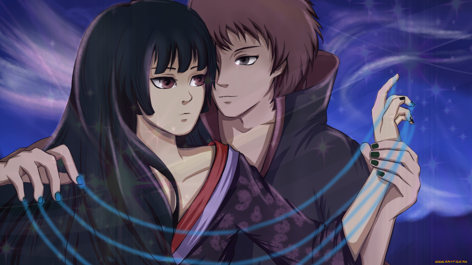аниме, naruto, нити, парень, наруто, брюнетка, девушка, звёзды, небо, акатцки, кукольник, чакра, руки