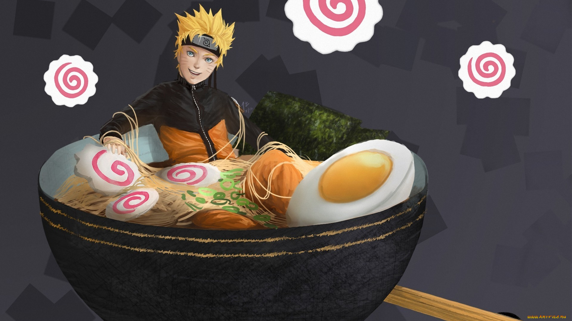 аниме, naruto, парень, блондин, арт, яйцо, лапша, пиала, палочки, наруто, рамен