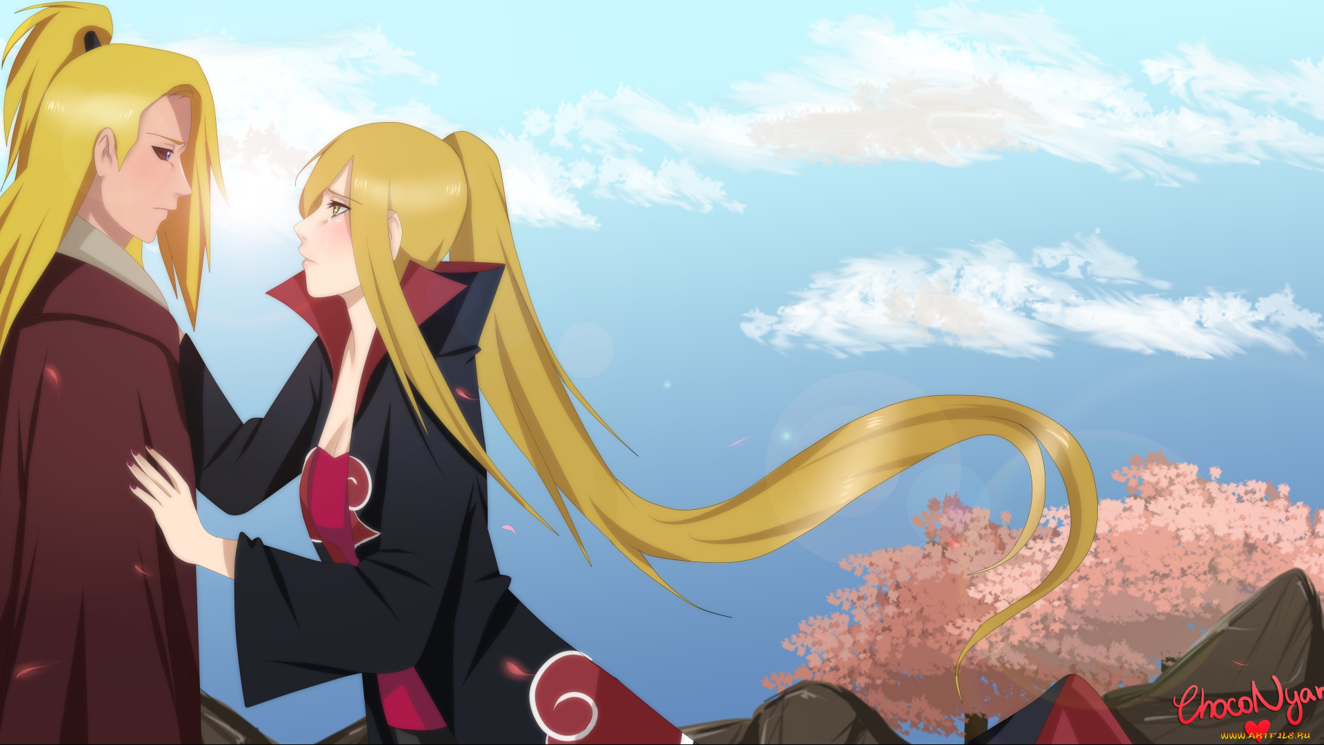 аниме, naruto, сакура, лепестки, блондин, арт, облака, пара, акатцки, блондинка, небо, девушка, парень