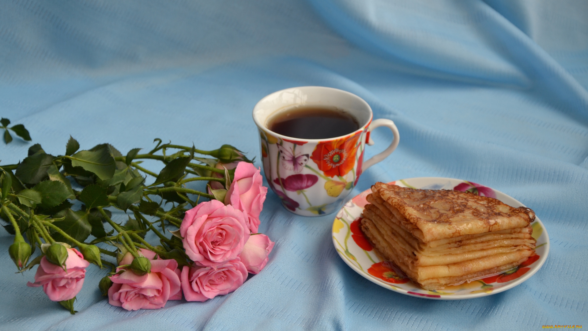 еда, блины, , оладьи, блинчики, чай, розы