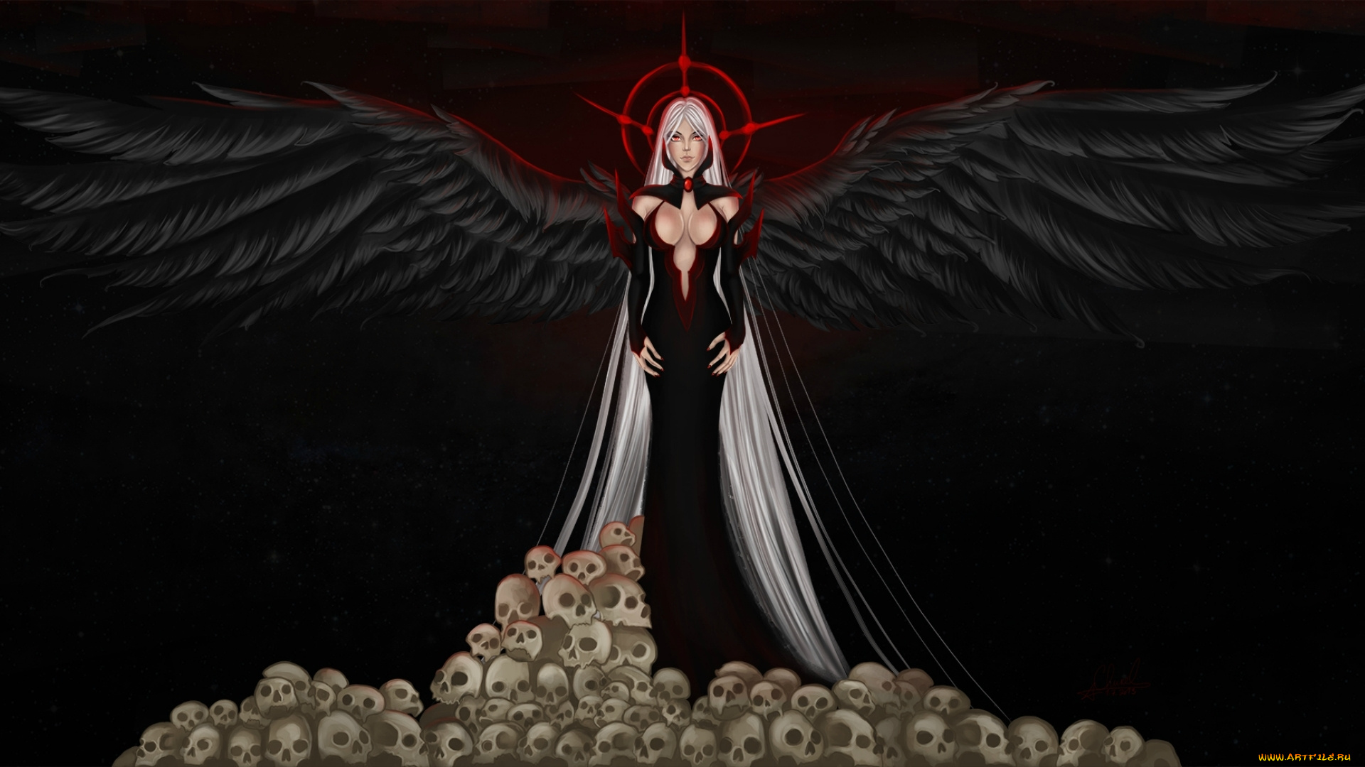 фэнтези, ангелы, фон, волосы, взгляд, лицо, ангел, черные, крылья, платье, черепа